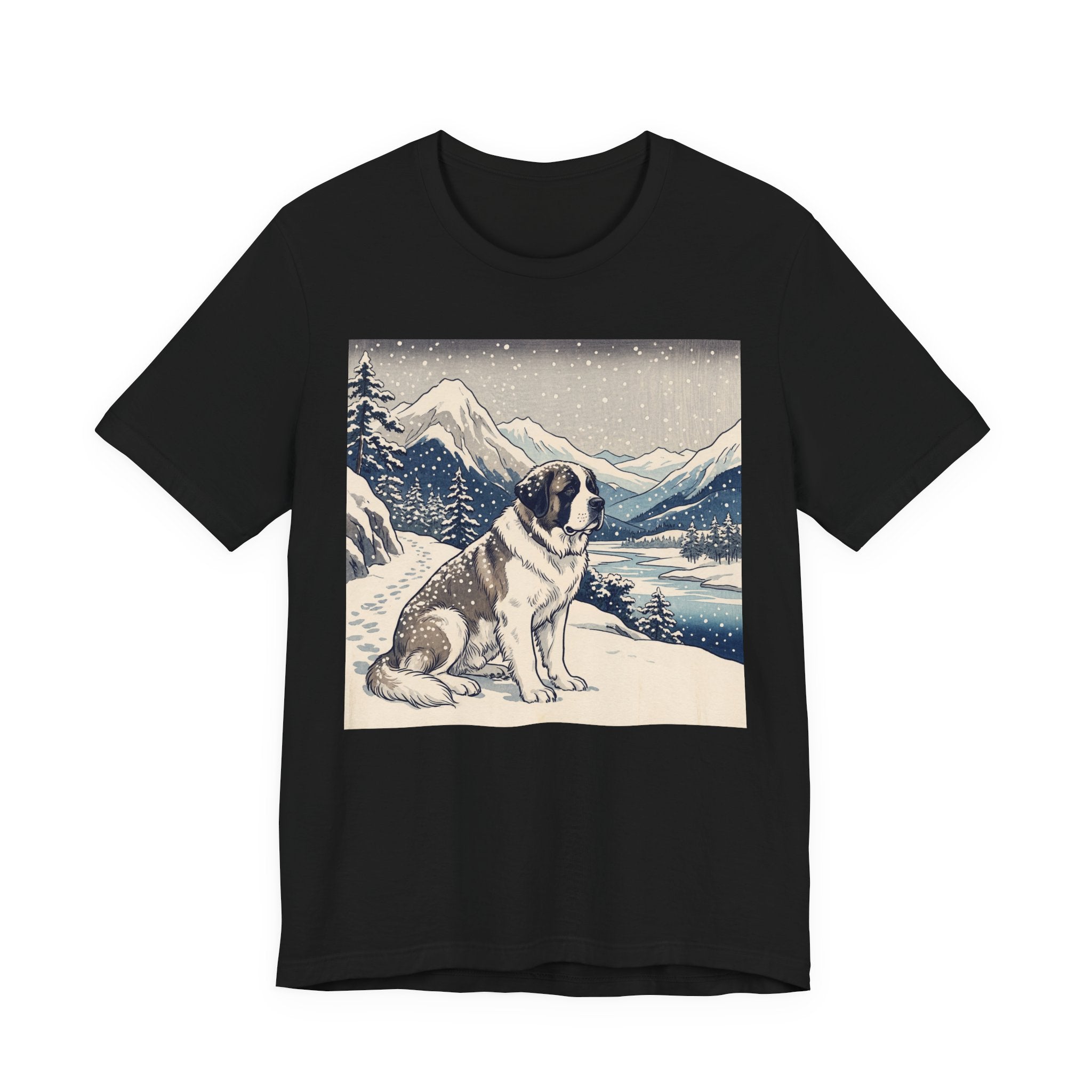 Hiroshige Style Saint Bernard T-Shirt — Snowy Mountain Blue Art Print