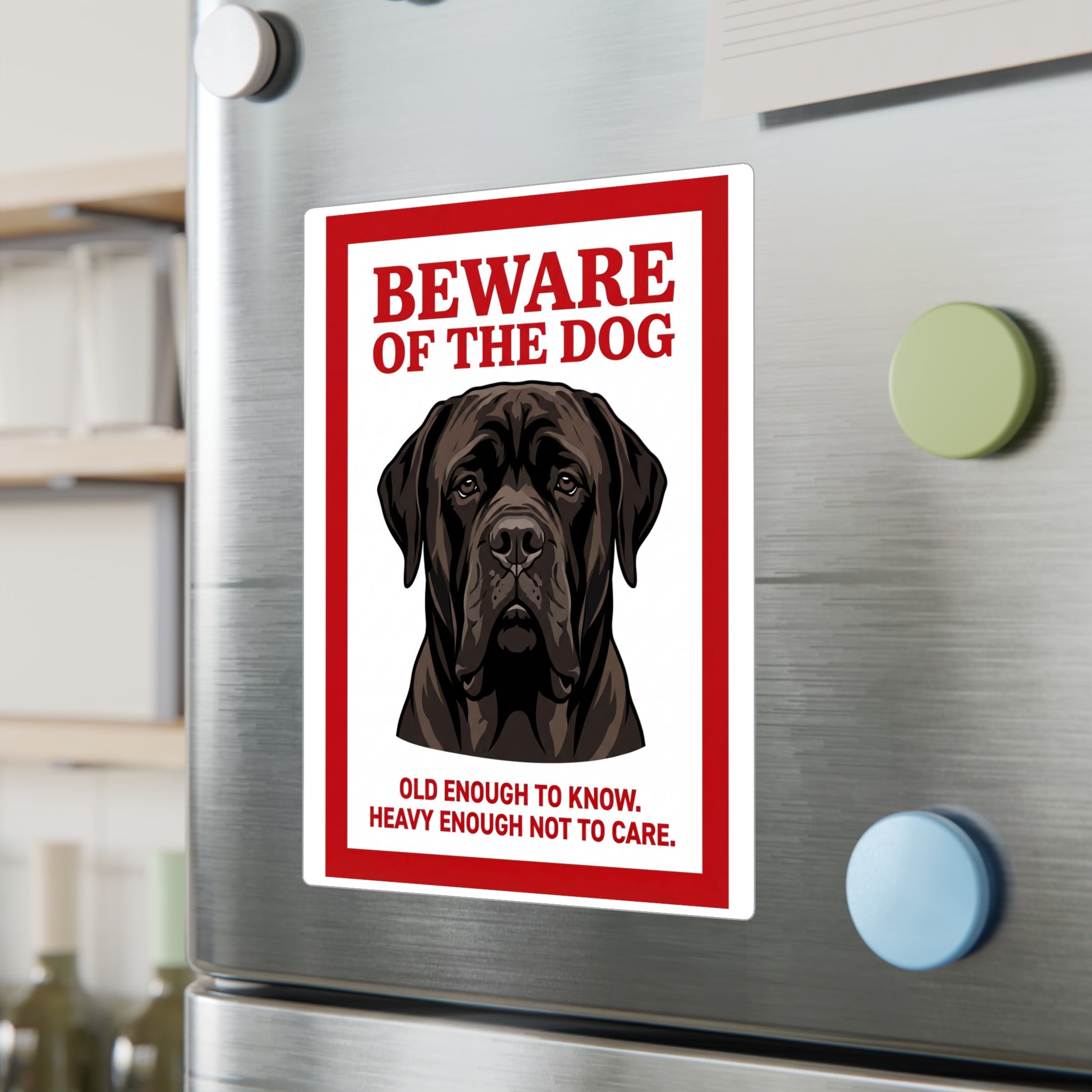 Beware of Mastiff Sign – Dark Brindle Portrait Outdoor Vinyl Decal – lifestyle view