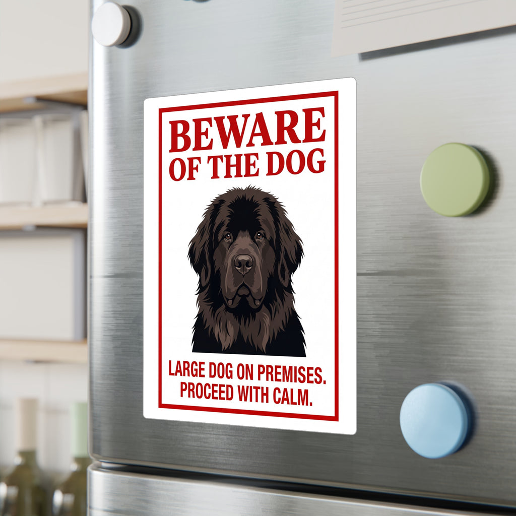 Beware of Newfoundland Sign – Dark Portrait Red Border Outdoor Vinyl Decal – lifestyle view