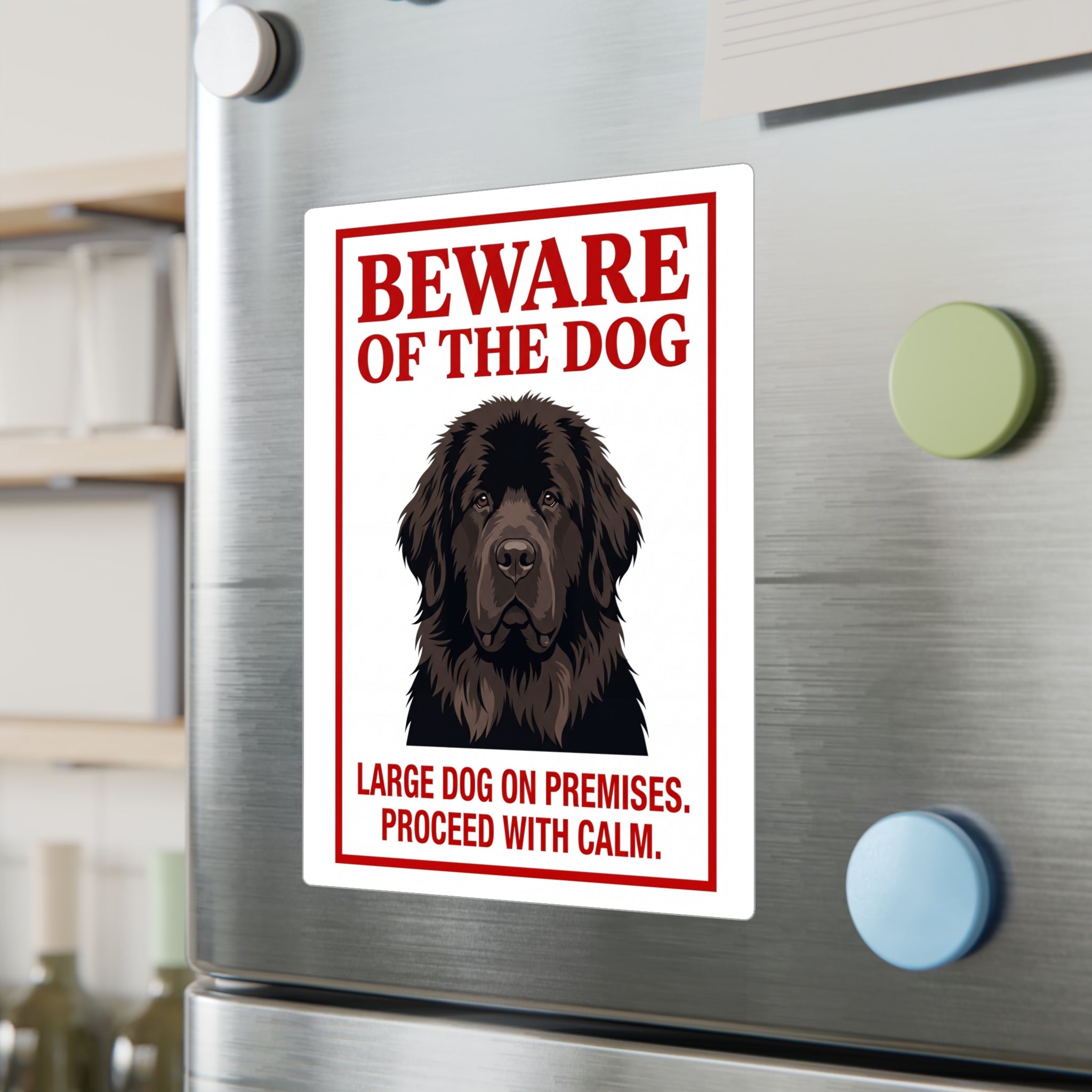 Beware of Newfoundland Sign – Dark Portrait Red Border Outdoor Vinyl Decal – lifestyle view