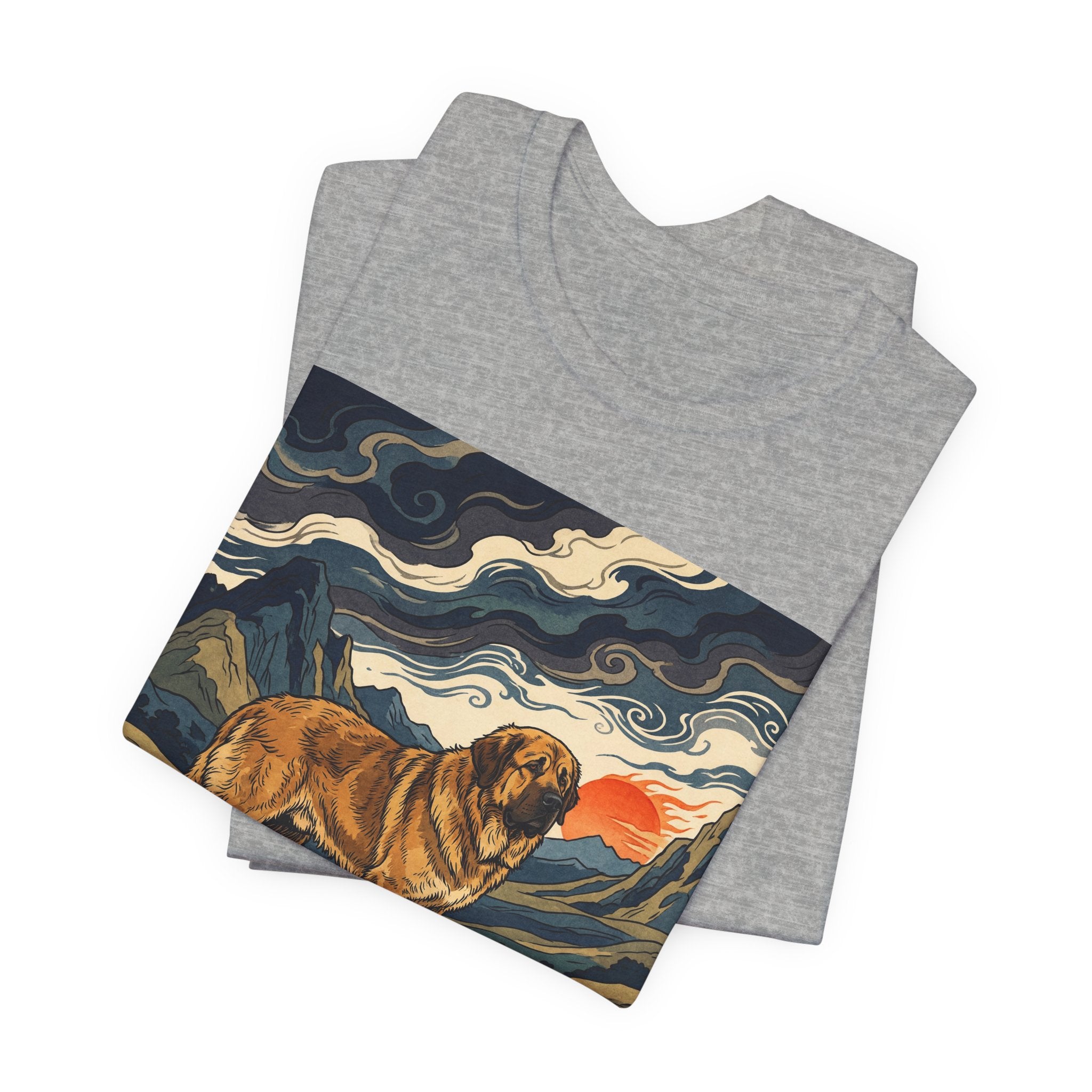 Woodblock Print Spanish Mastiff T-Shirt — Mountain Sunset Swirls Art Print