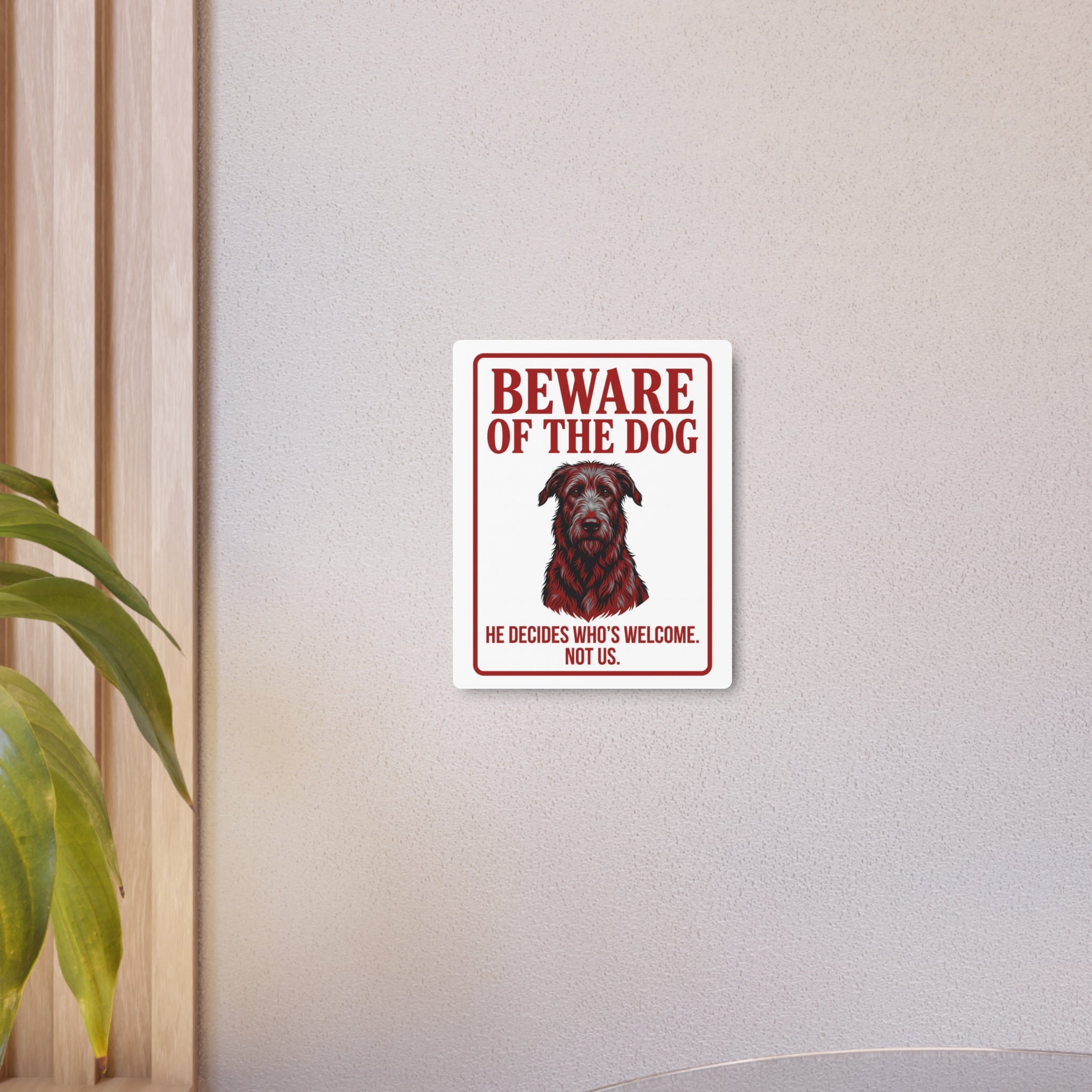 Beware of Irish Wolfhound Metal Sign – Red Portrait Aluminum Wall Sign – alternate view