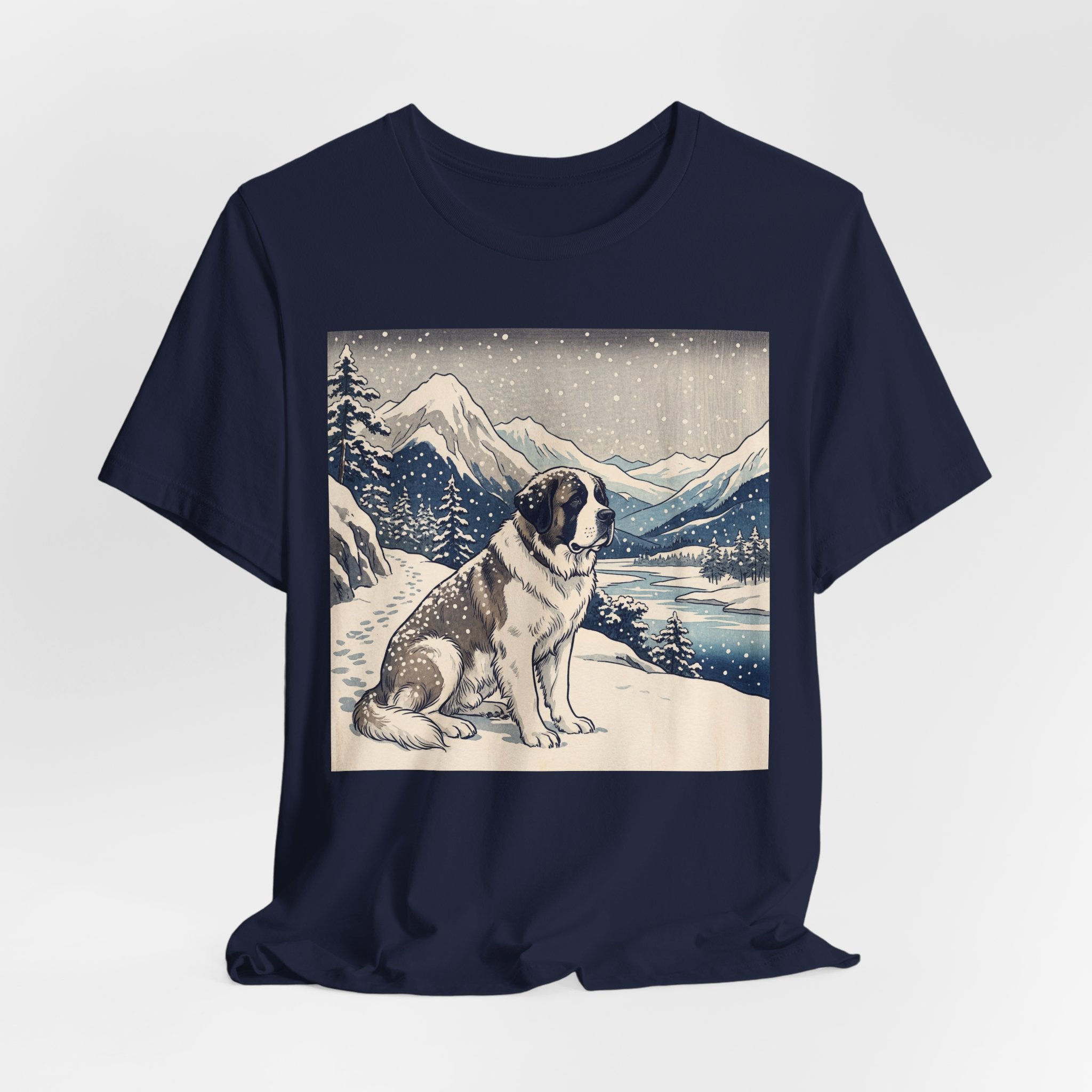 Hiroshige Style Saint Bernard T-Shirt — Snowy Mountain Blue Art Print