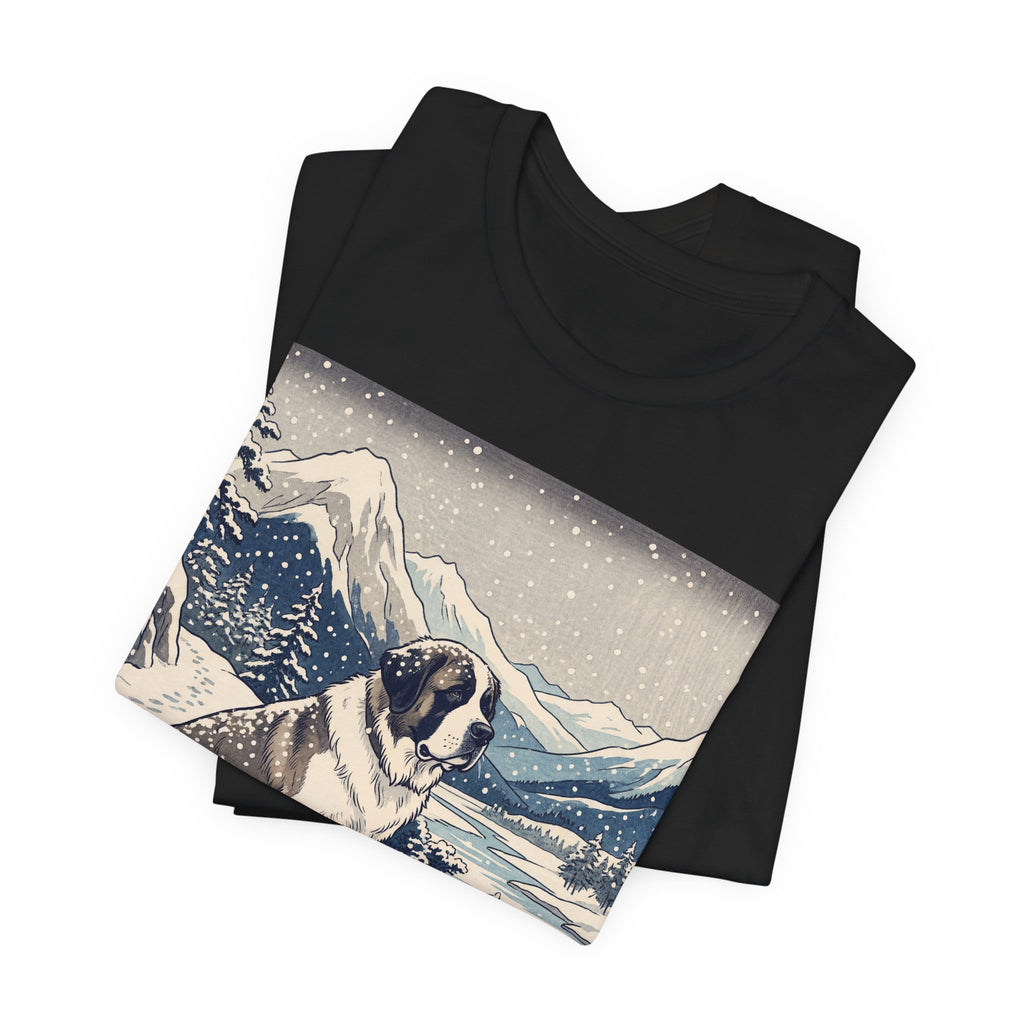 Hiroshige Style Saint Bernard T-Shirt — Snowy Mountain Blue Art Print