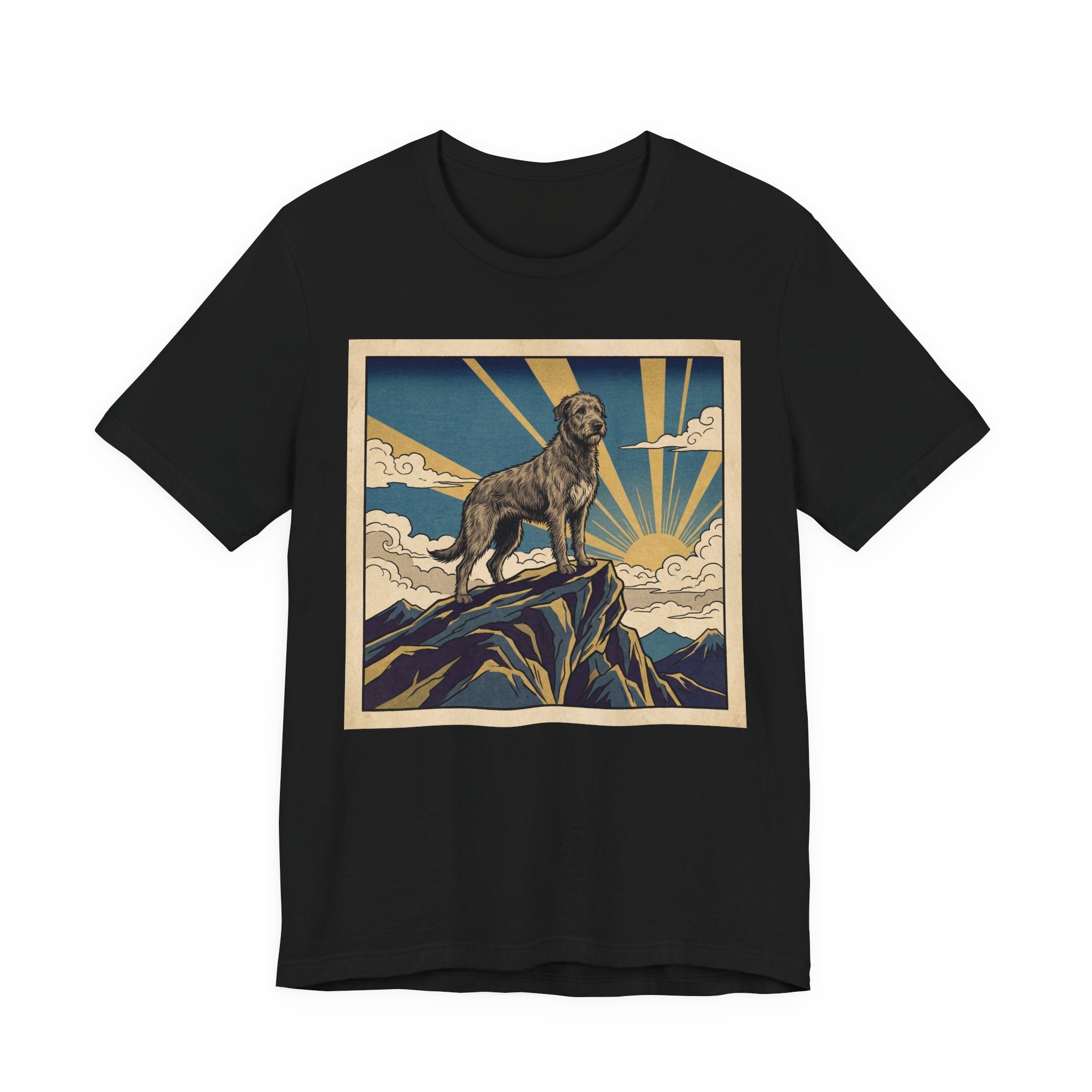 Woodblock Print Irish Wolfhound T-Shirt — Golden Sunburst Summit Art Print