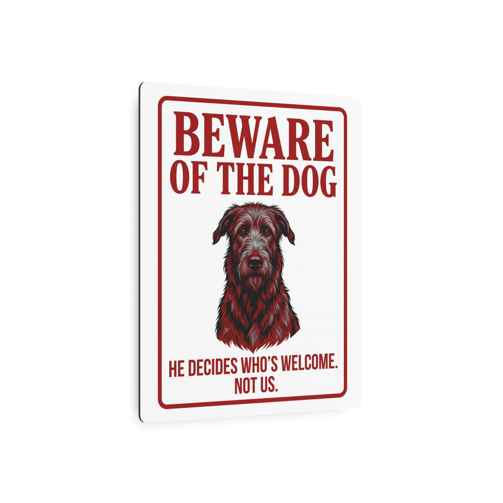 Beware of Irish Wolfhound Metal Sign – Red Portrait Aluminum Wall Sign – lifestyle view