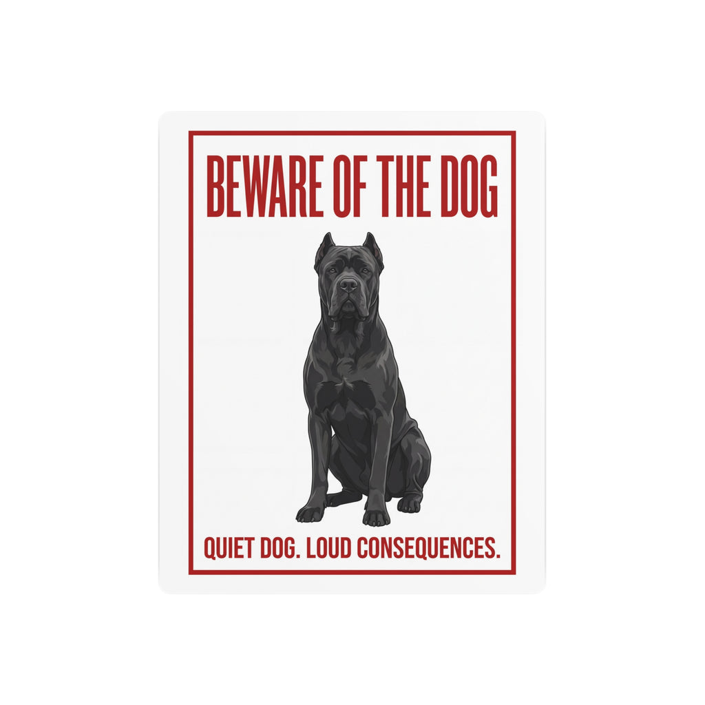 Beware of Cane Corso Metal Sign – Black Seated Portrait Aluminum Wall Sign – side view