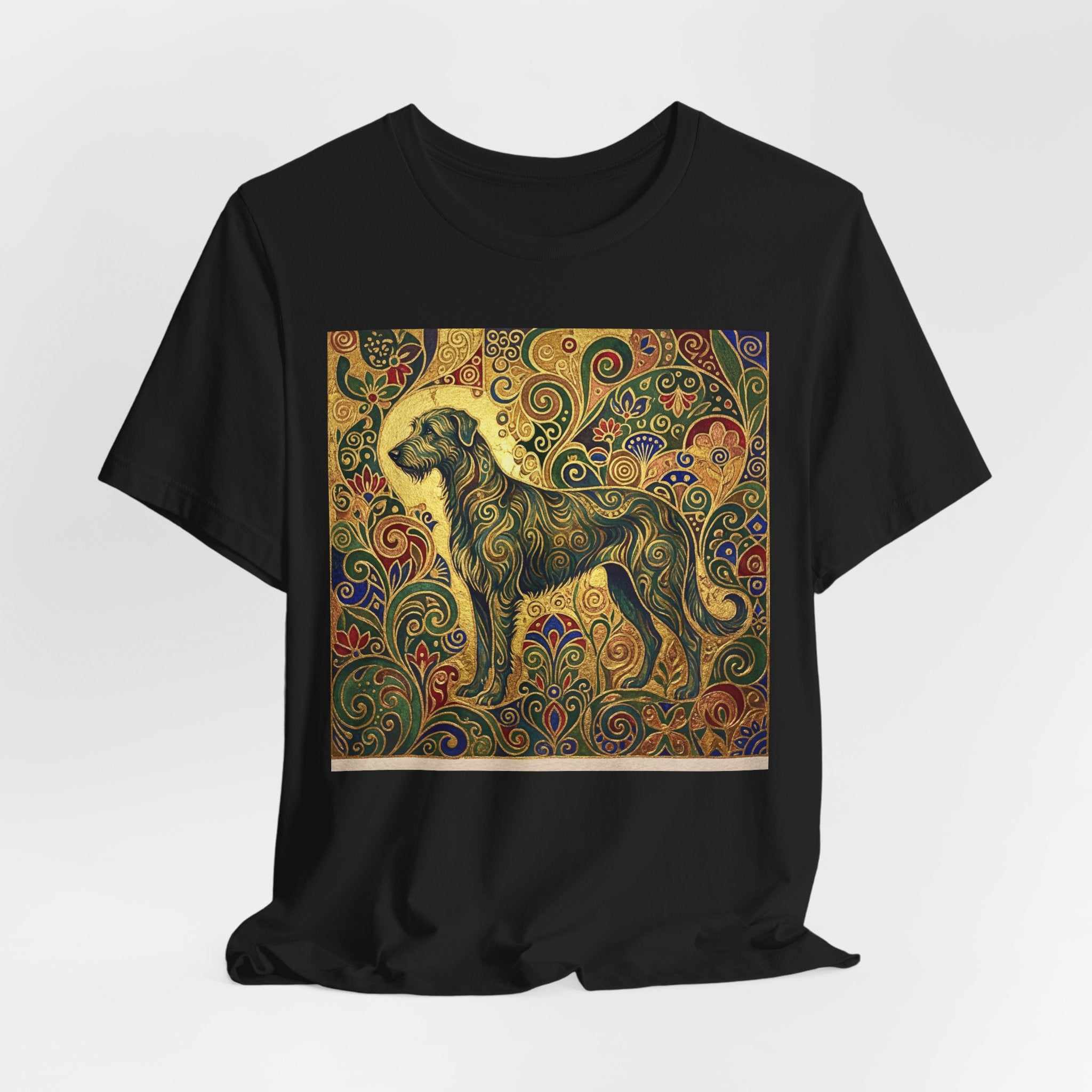 Klimt Style Irish Wolfhound T-Shirt — Gold Swirl Ornamental Art Print