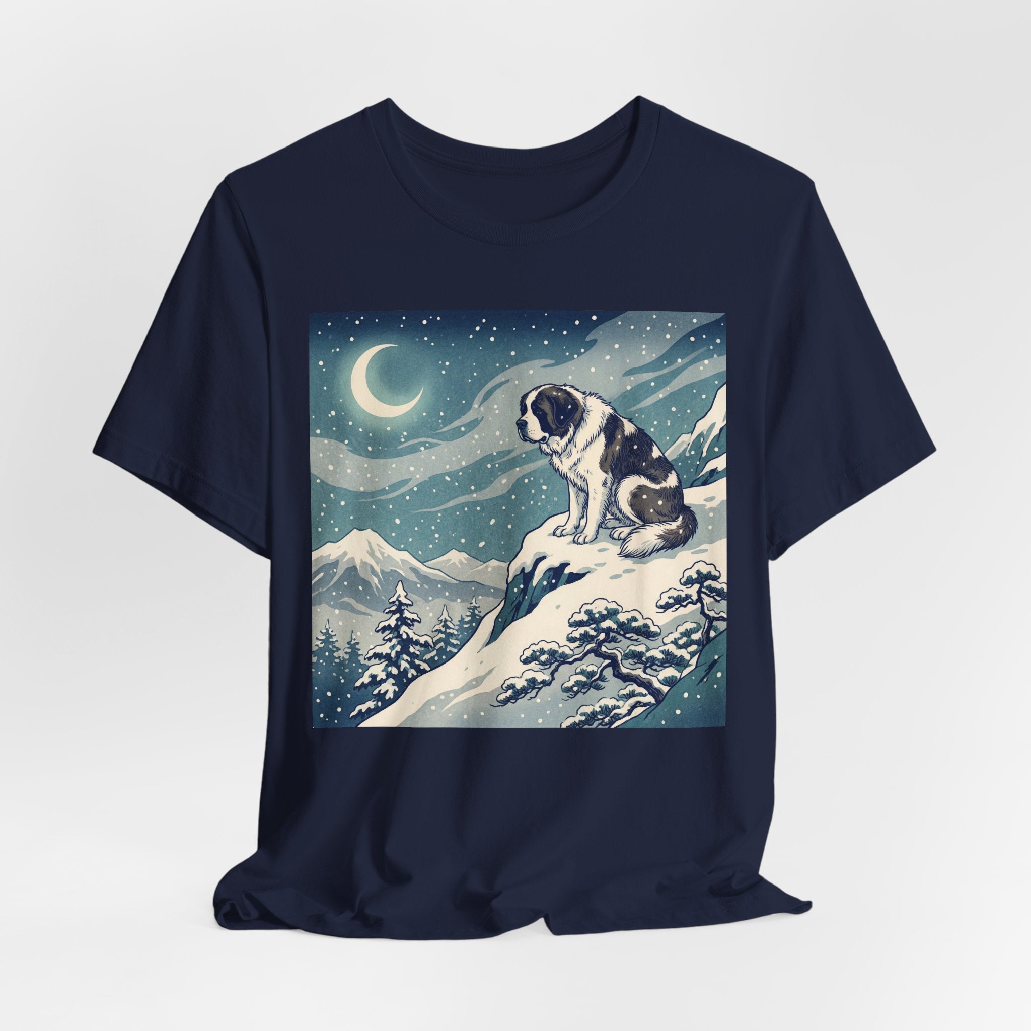 Hiroshige Style Saint Bernard T-Shirt — Snowy Moonlit Summit Art Print