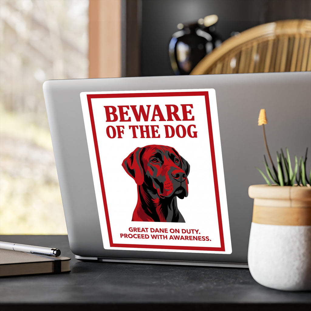 Beware of Great Dane Sign – Red Black Portrait Outdoor Vinyl Decal – alternate view