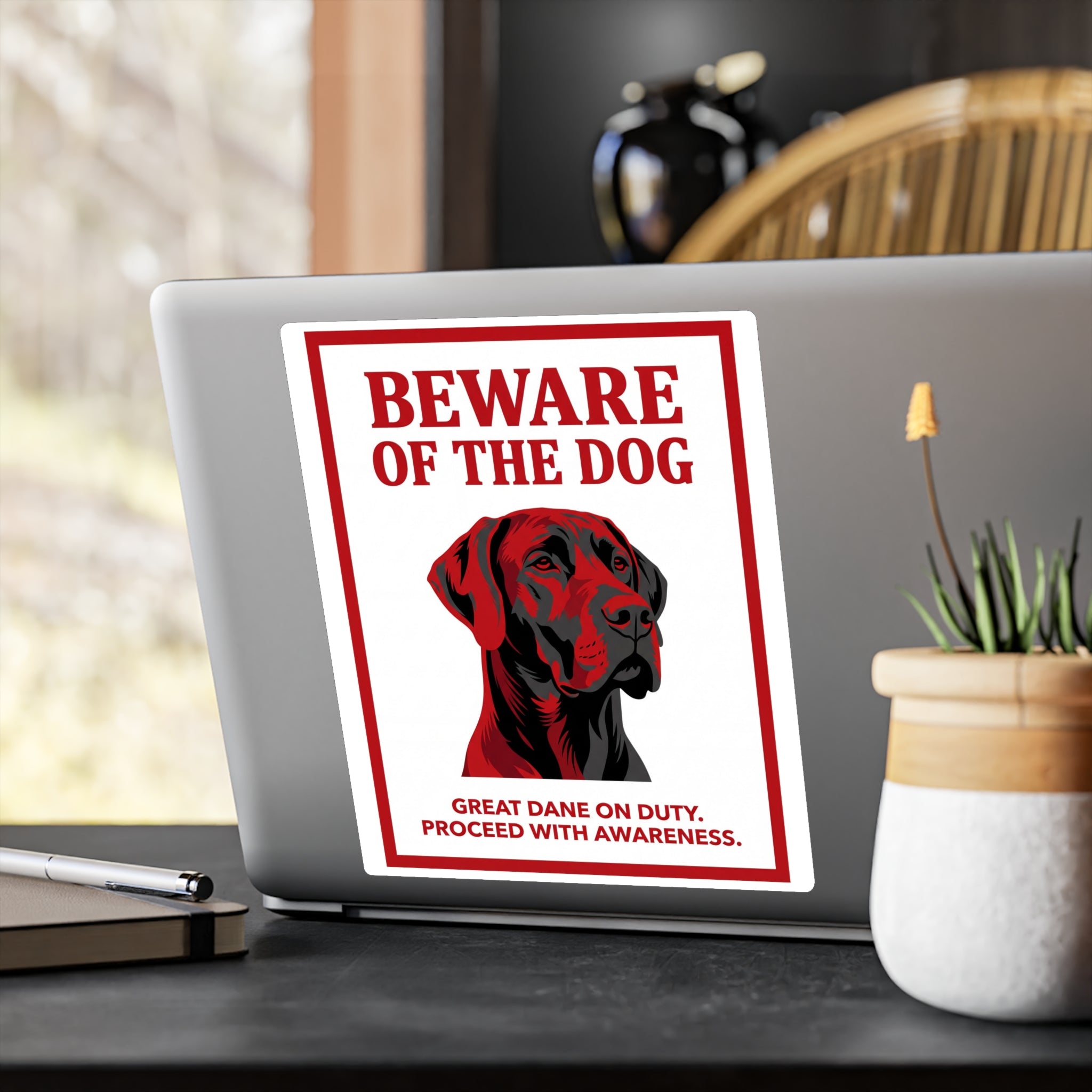 Beware of Great Dane Sign – Red Black Portrait Outdoor Vinyl Decal – alternate view