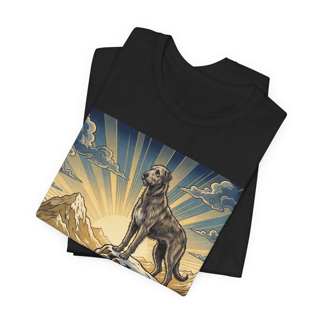 Woodcut Irish Wolfhound T-Shirt — Mountain Sunrise Rays Art Print