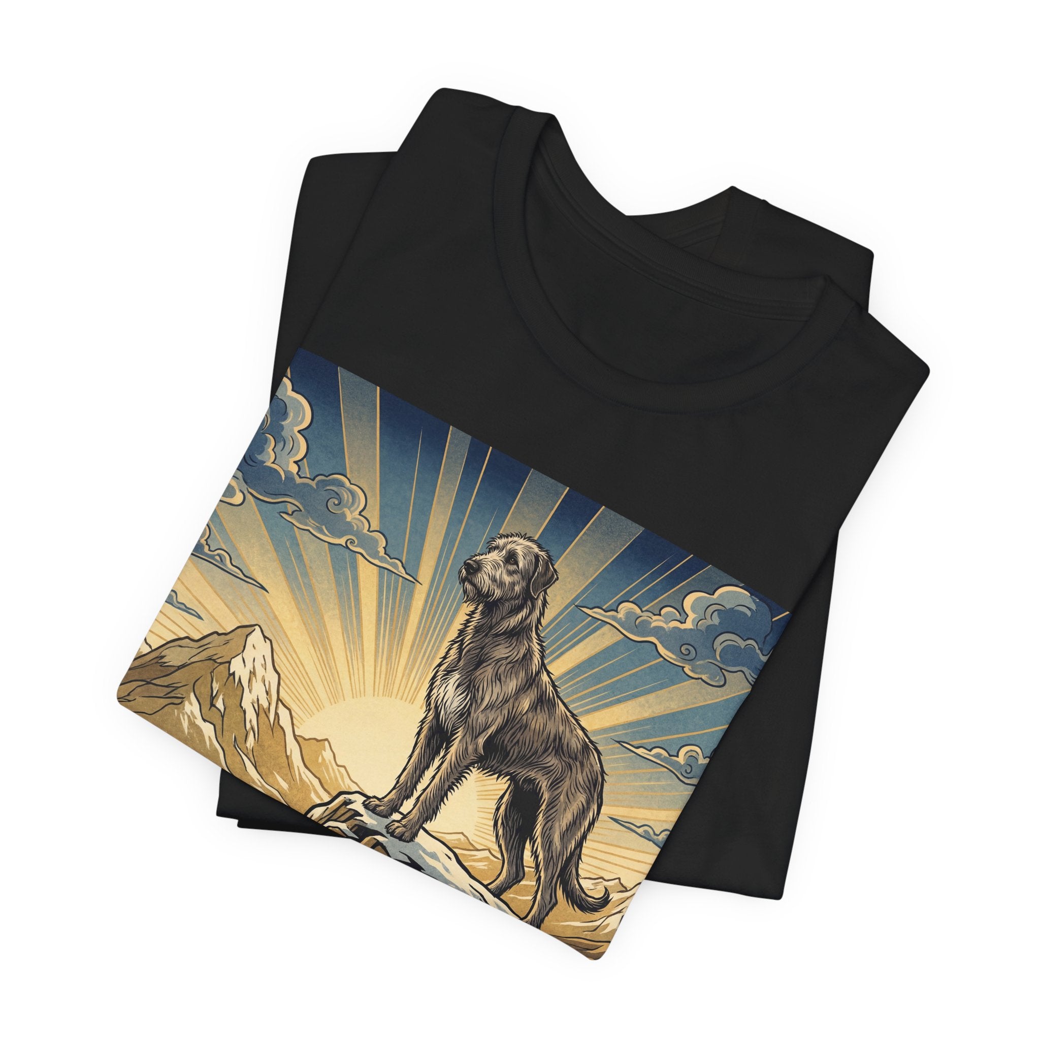 Woodcut Irish Wolfhound T-Shirt — Mountain Sunrise Rays Art Print