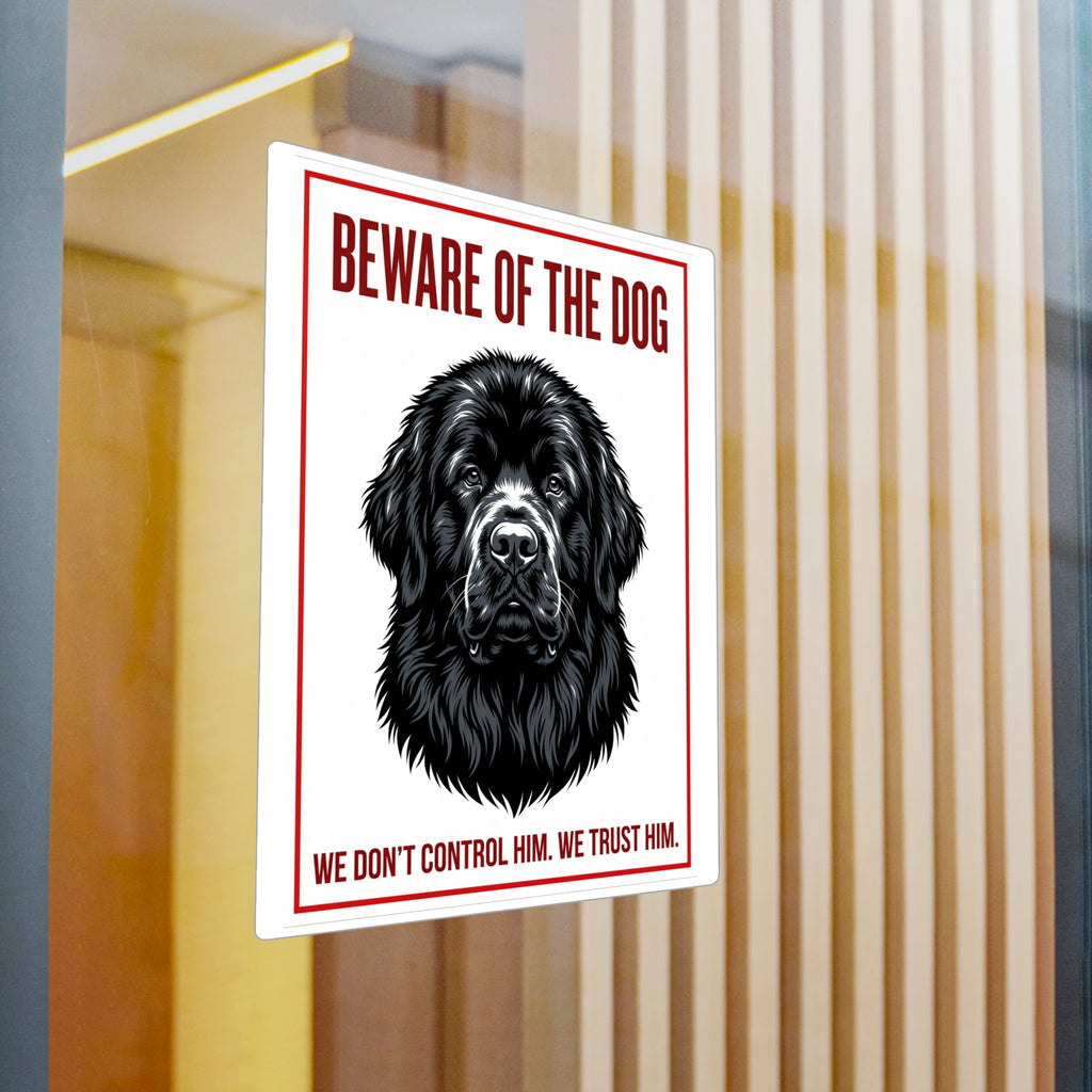 Beware of Newfoundland Sign – Black Portrait Red Border Outdoor Vinyl Decal – detail view