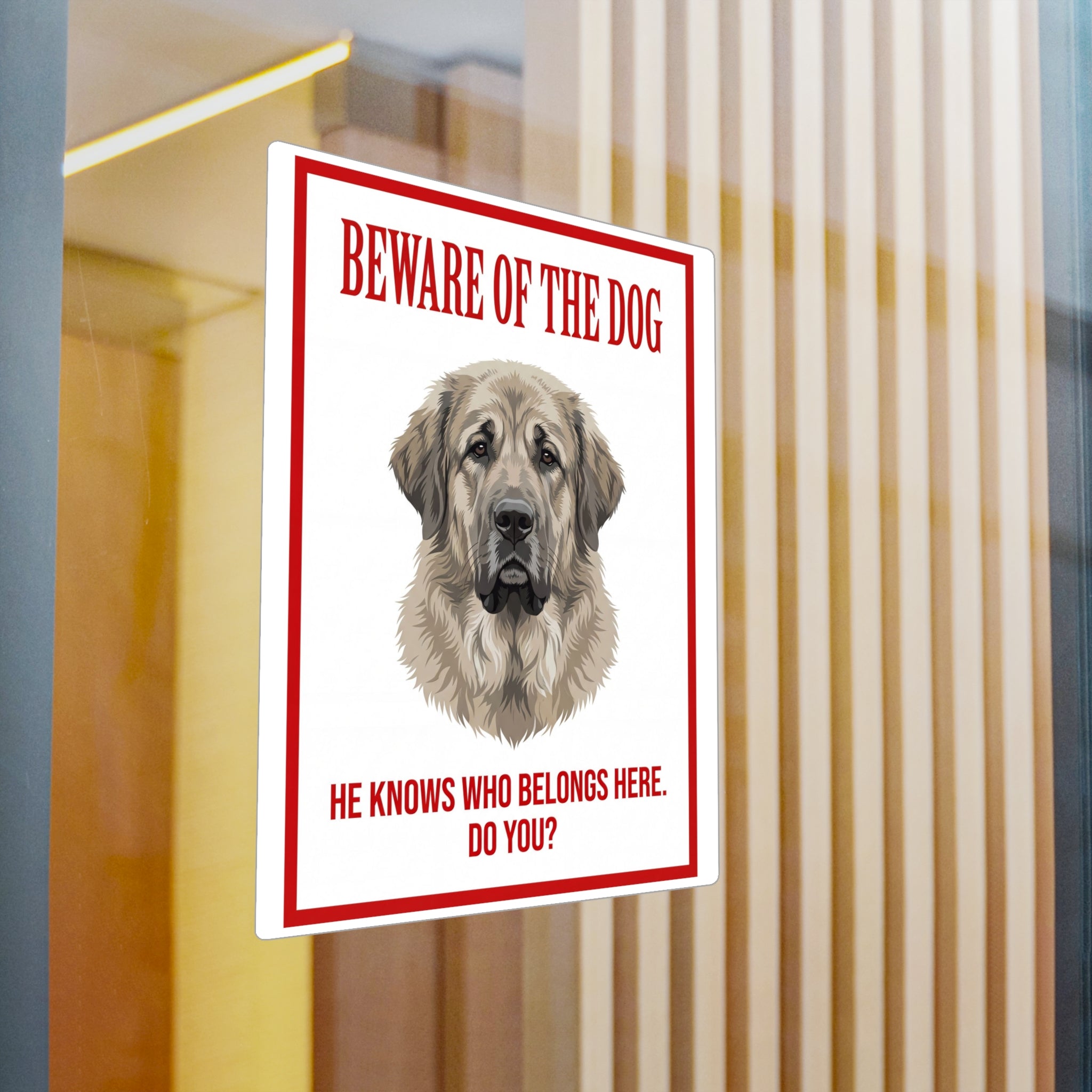 Beware of Spanish Mastiff Sign – Bold Red Warning Outdoor Vinyl Decal – detail view