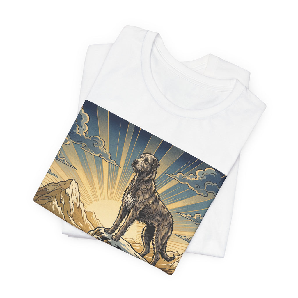Woodcut Irish Wolfhound T-Shirt — Mountain Sunrise Rays Art Print