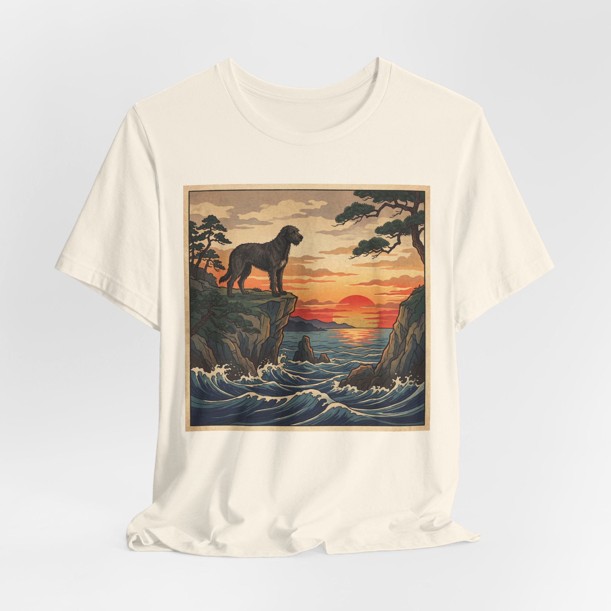 Ukiyo-e Irish Wolfhound T-Shirt — Coastal Sunset Cliffs Art Print