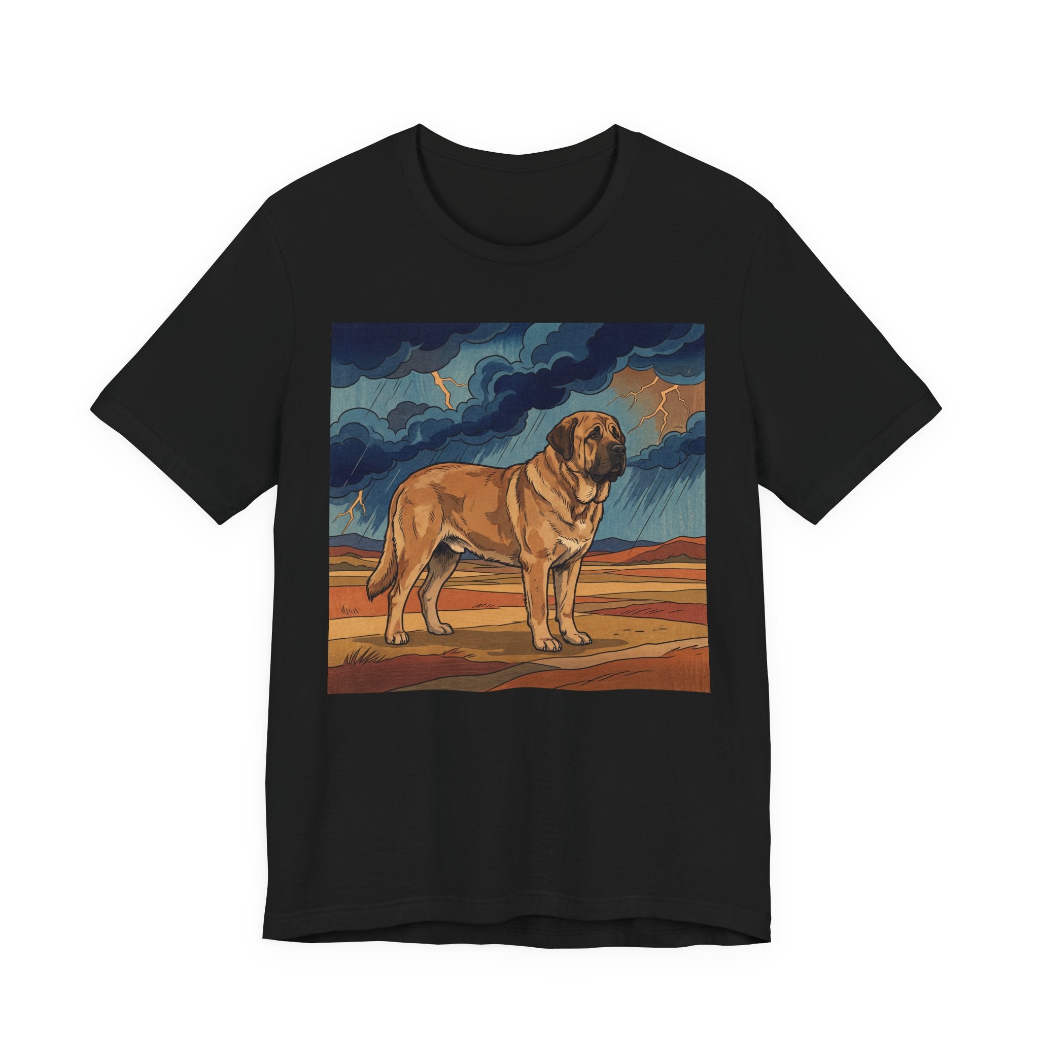 Woodblock Print Spanish Mastiff T-Shirt — Desert Storm Lightning Art Print