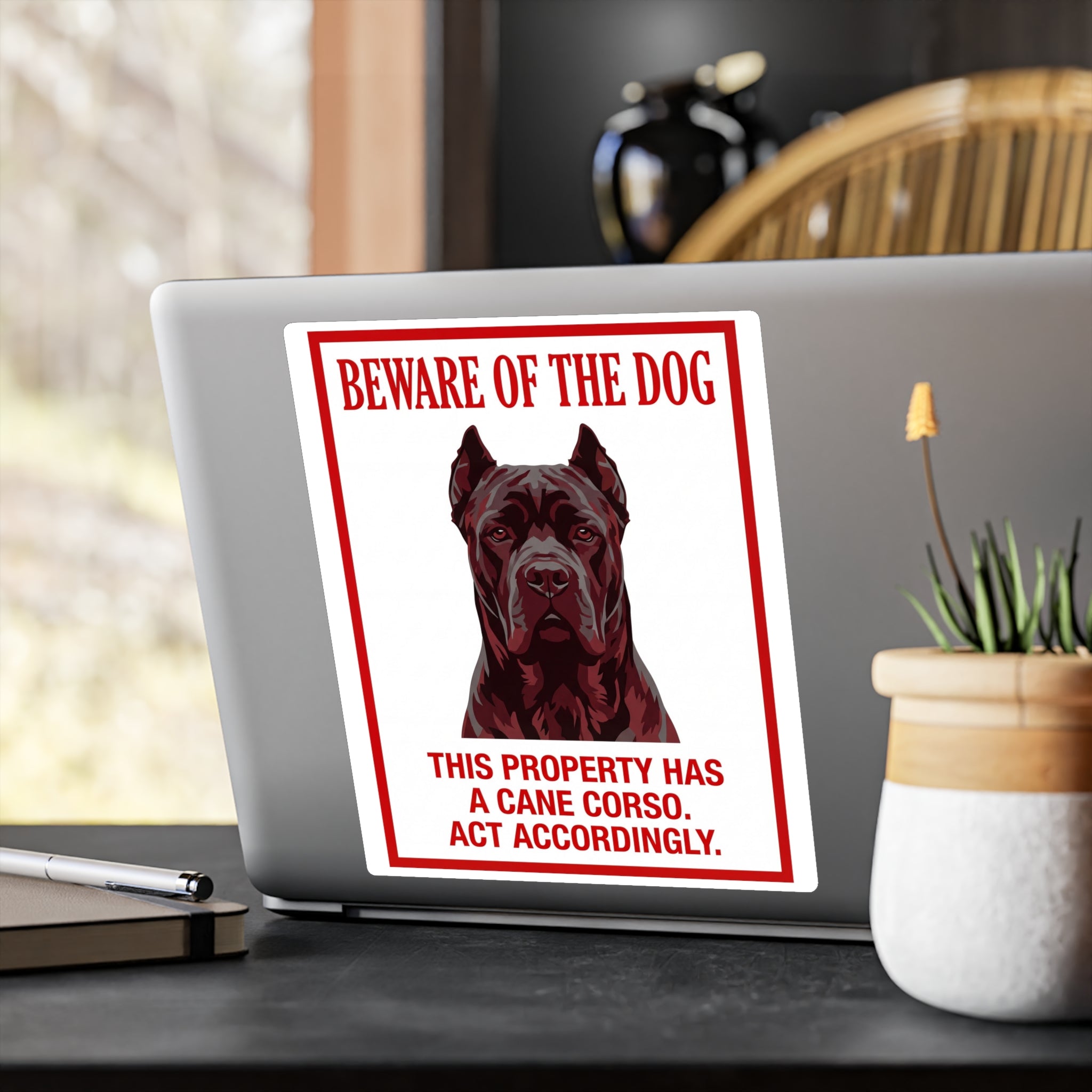 Beware of Cane Corso Sign – Bold Red Portrait Outdoor Vinyl Decal – alternate view