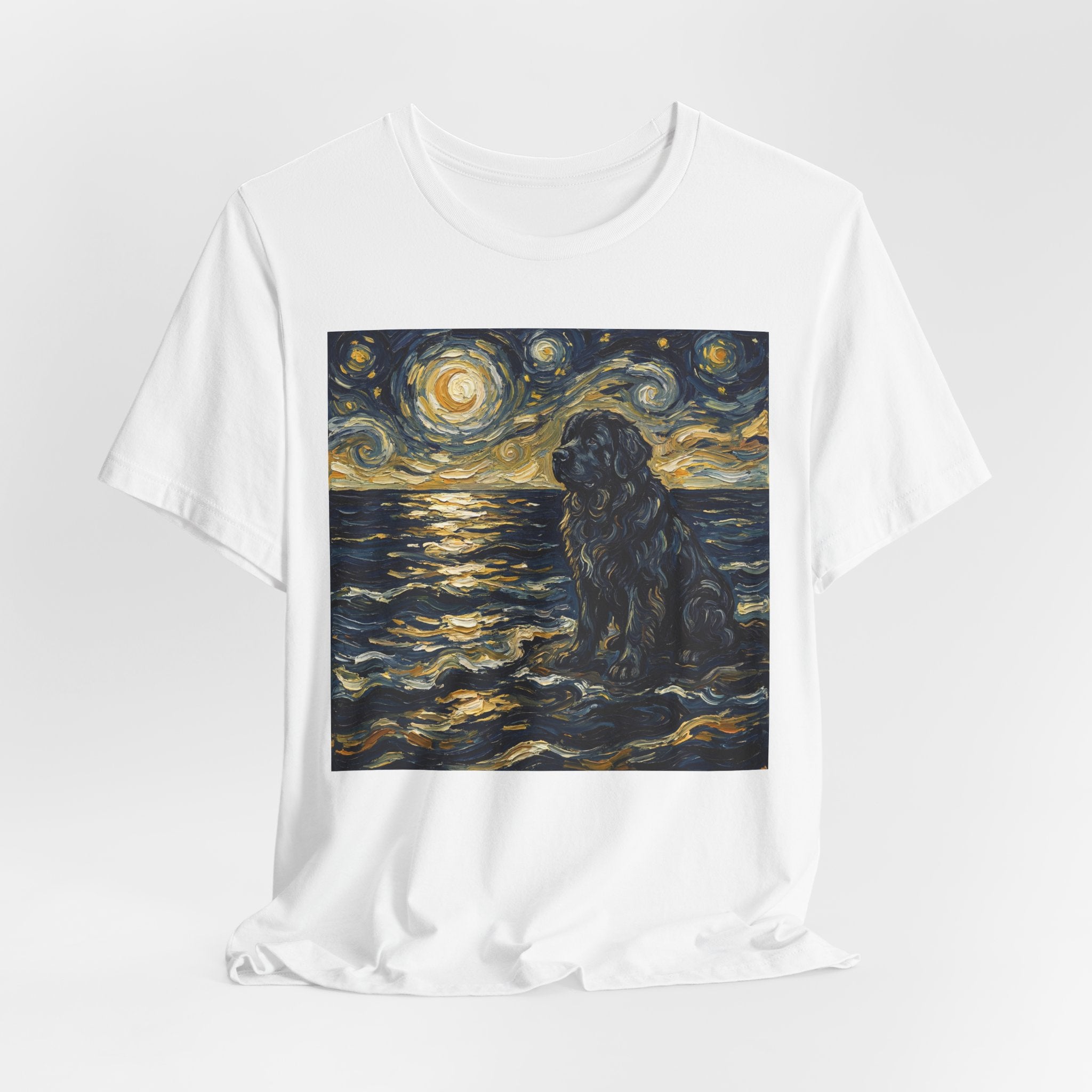 Van Gogh Style Newfoundland T-Shirt — Moonlit Ocean Waves Art Print
