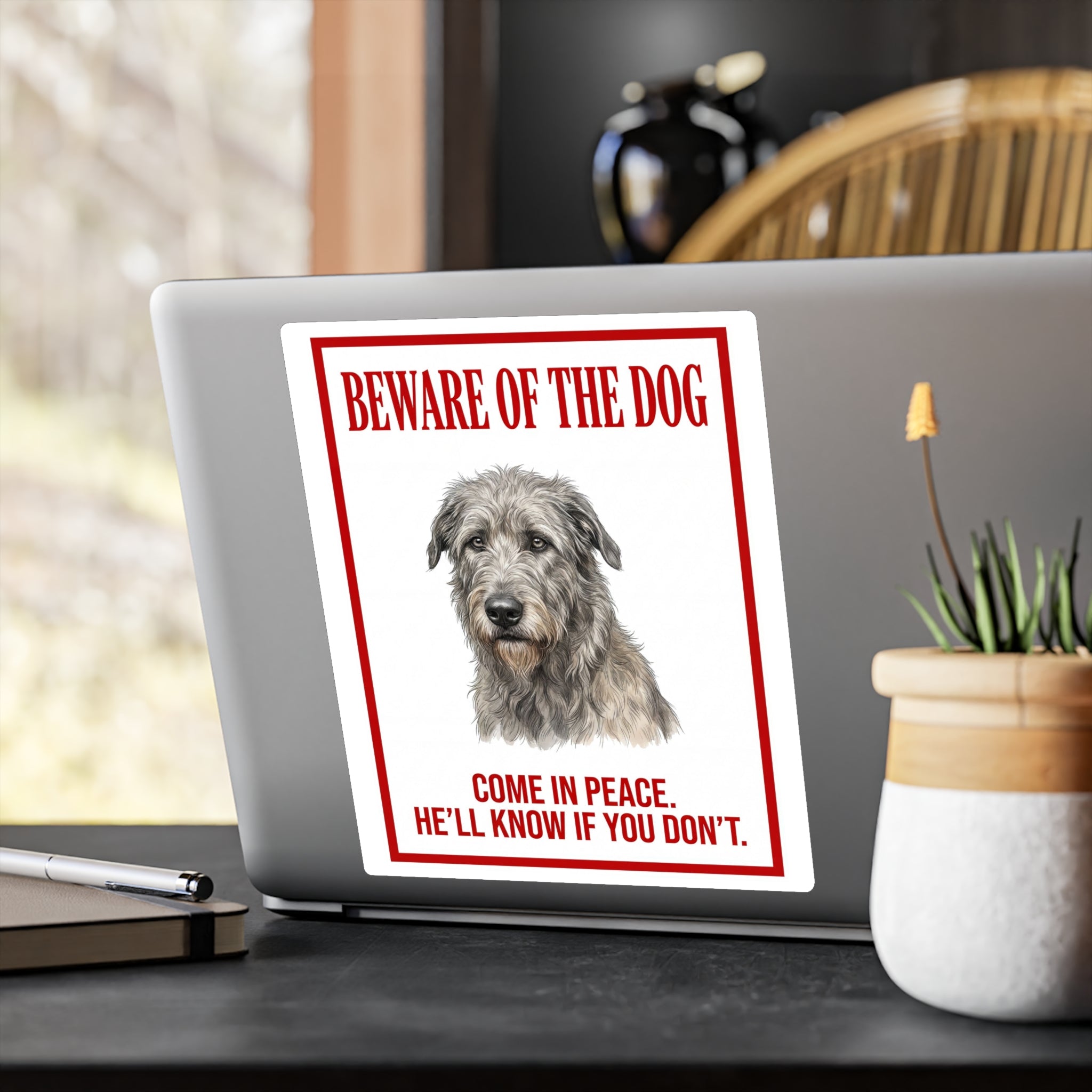 Beware of Irish Wolfhound Sign – Red Border Portrait Outdoor Vinyl Decal – alternate view