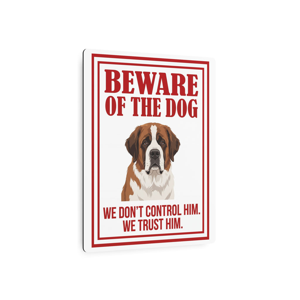 Beware of Saint Bernard Metal Sign – Red Border Portrait Aluminum Wall Sign – lifestyle view
