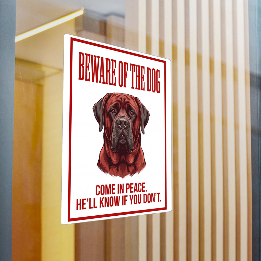 Beware of Mastiff Sign – Bold Red Portrait Outdoor Vinyl Decal – detail view