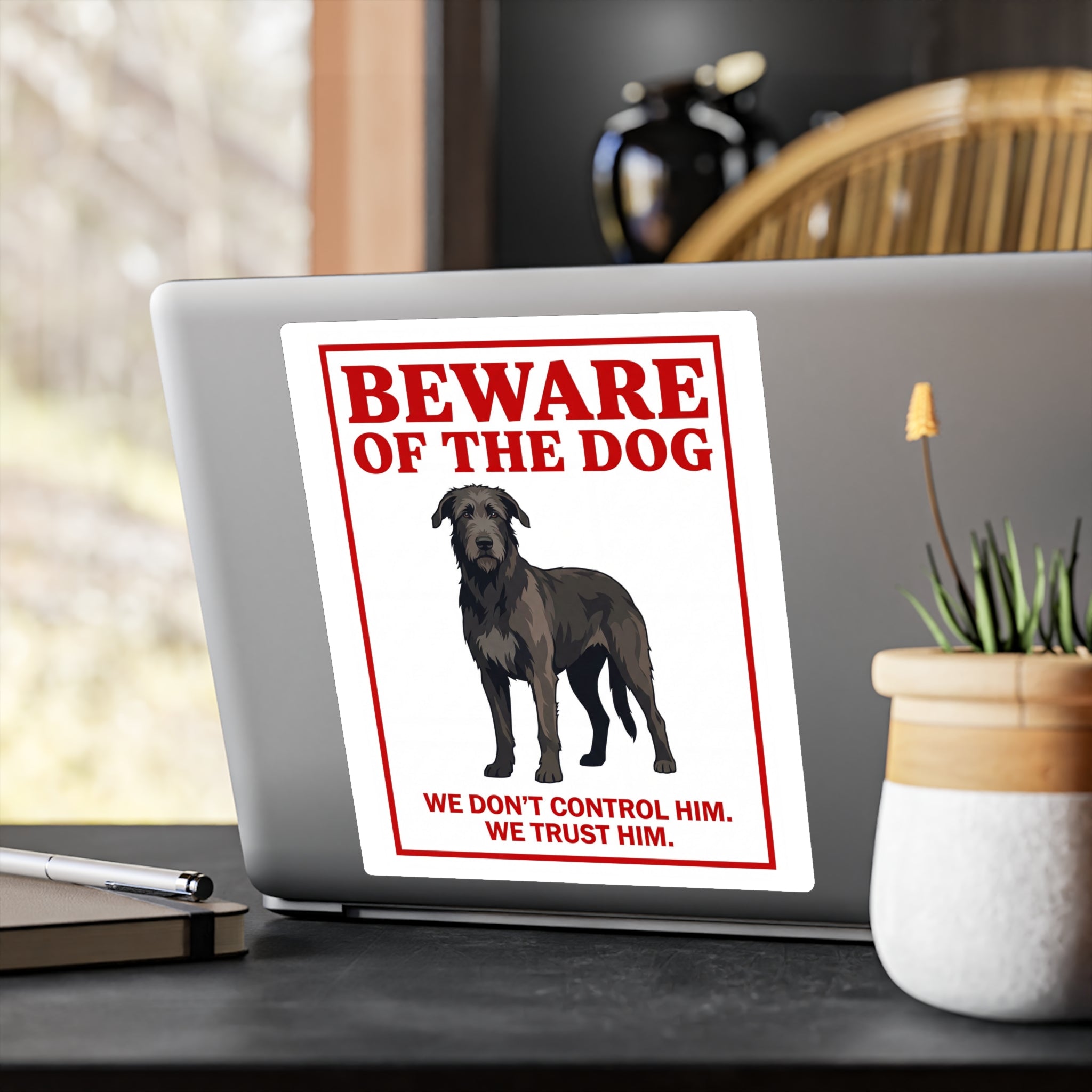 Beware of Irish Wolfhound Sign – Red Block Letter Outdoor Vinyl Decal – alternate view