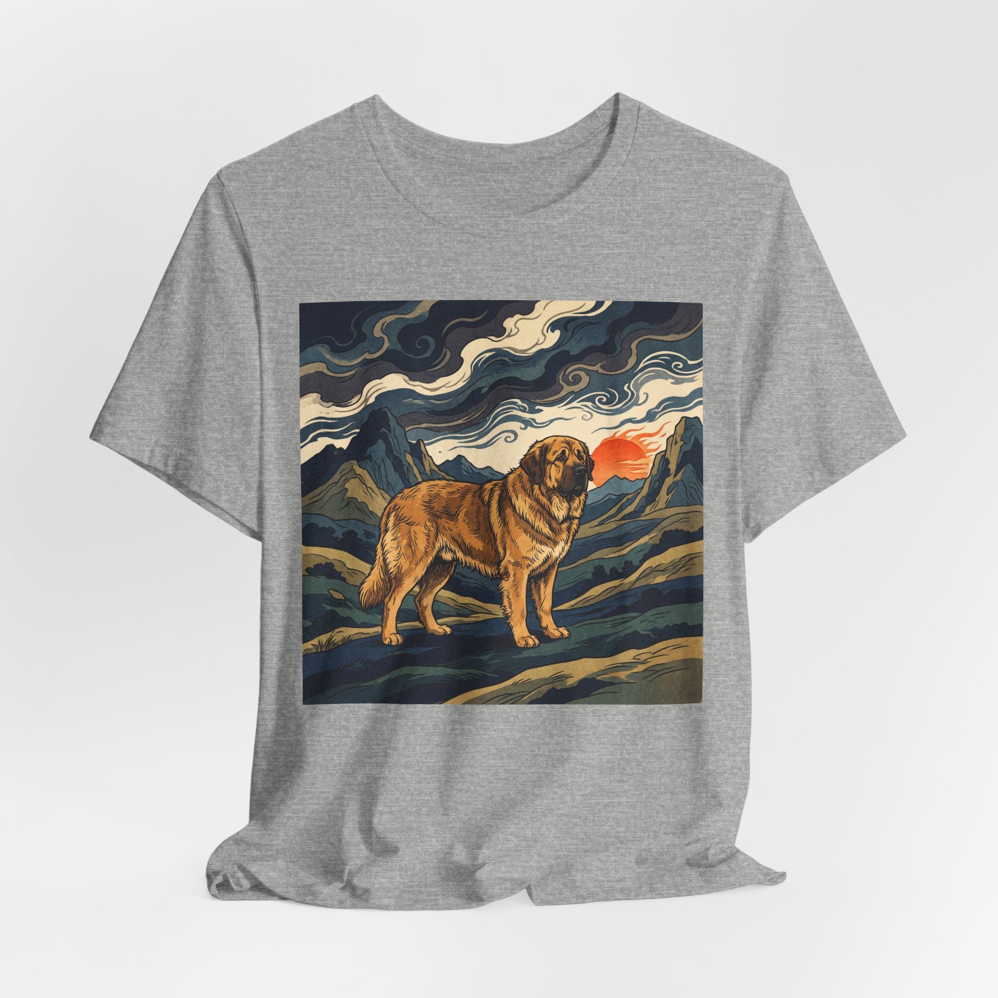 Woodblock Print Spanish Mastiff T-Shirt — Mountain Sunset Swirls Art Print