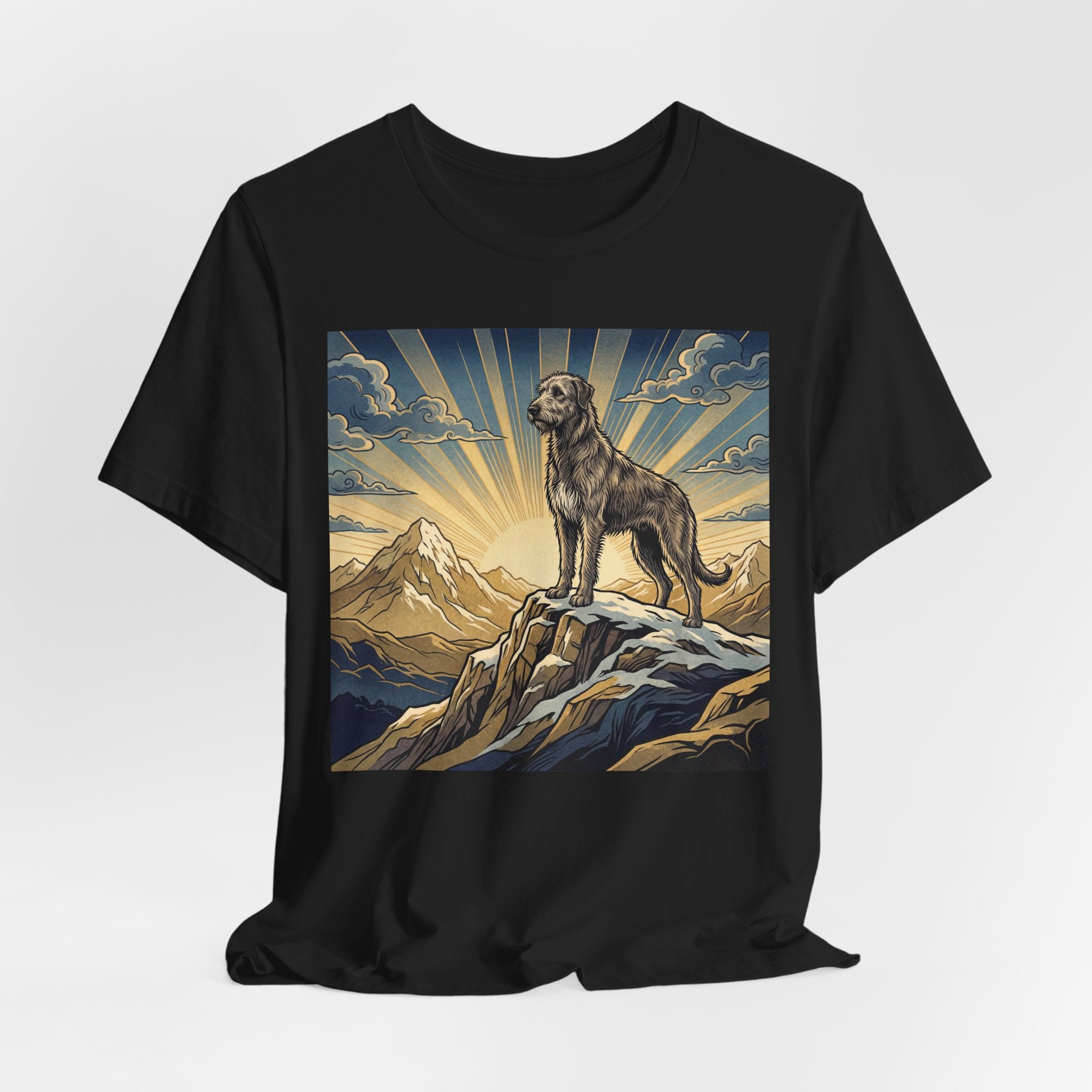 Woodcut Irish Wolfhound T-Shirt — Mountain Sunrise Rays Art Print
