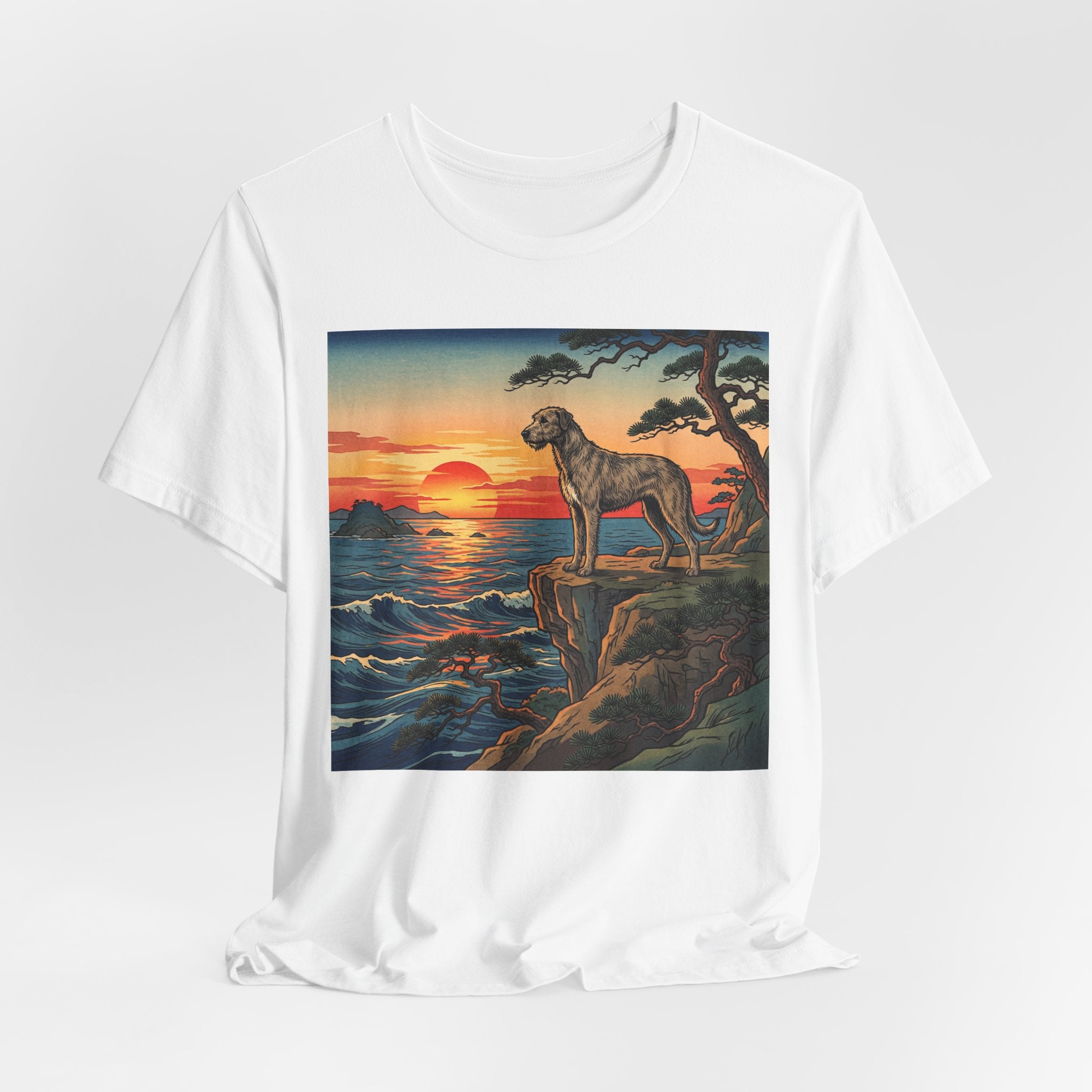 Hiroshige Style Irish Wolfhound T-Shirt — Coastal Cliff Sunset Art Print