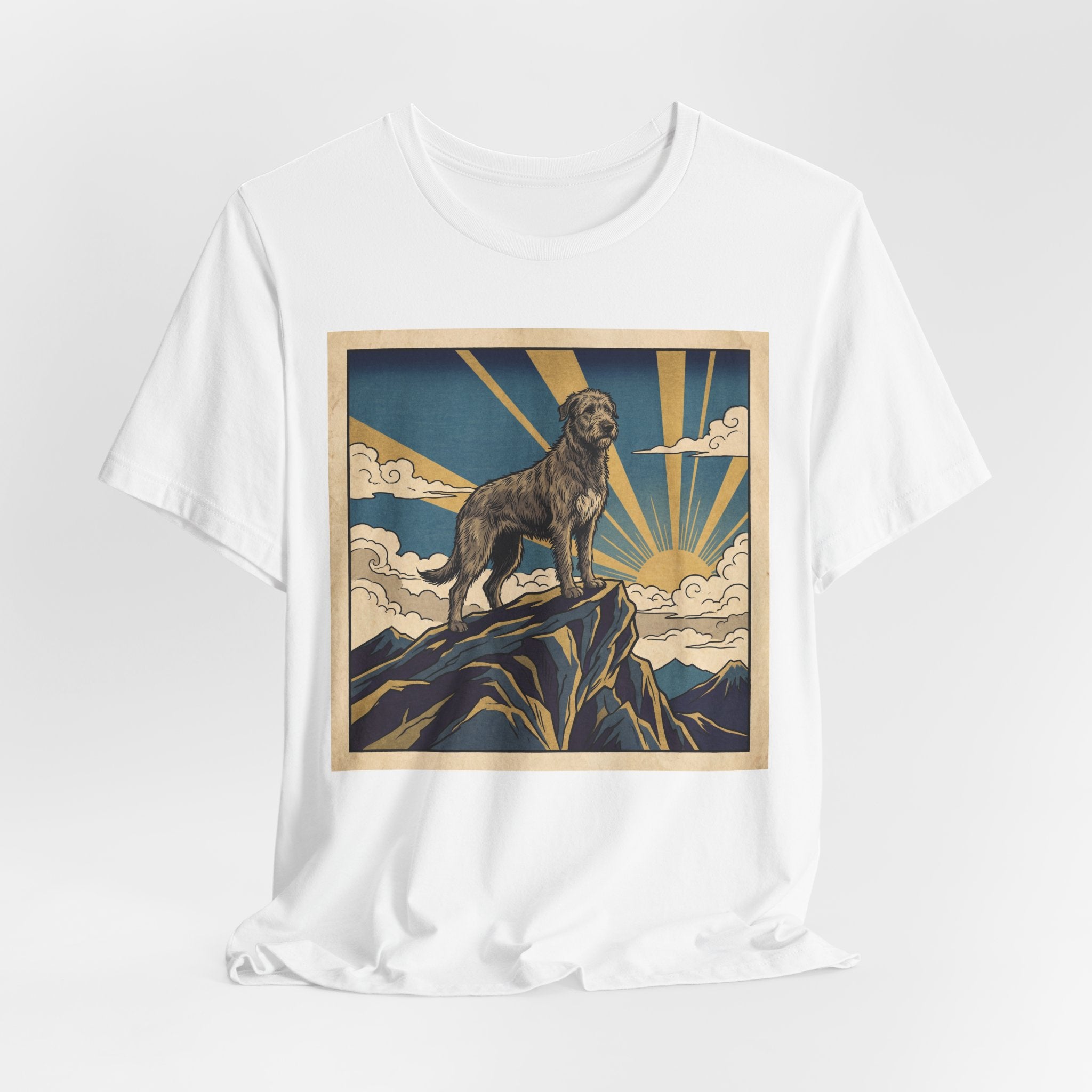 Woodblock Print Irish Wolfhound T-Shirt — Golden Sunburst Summit Art Print