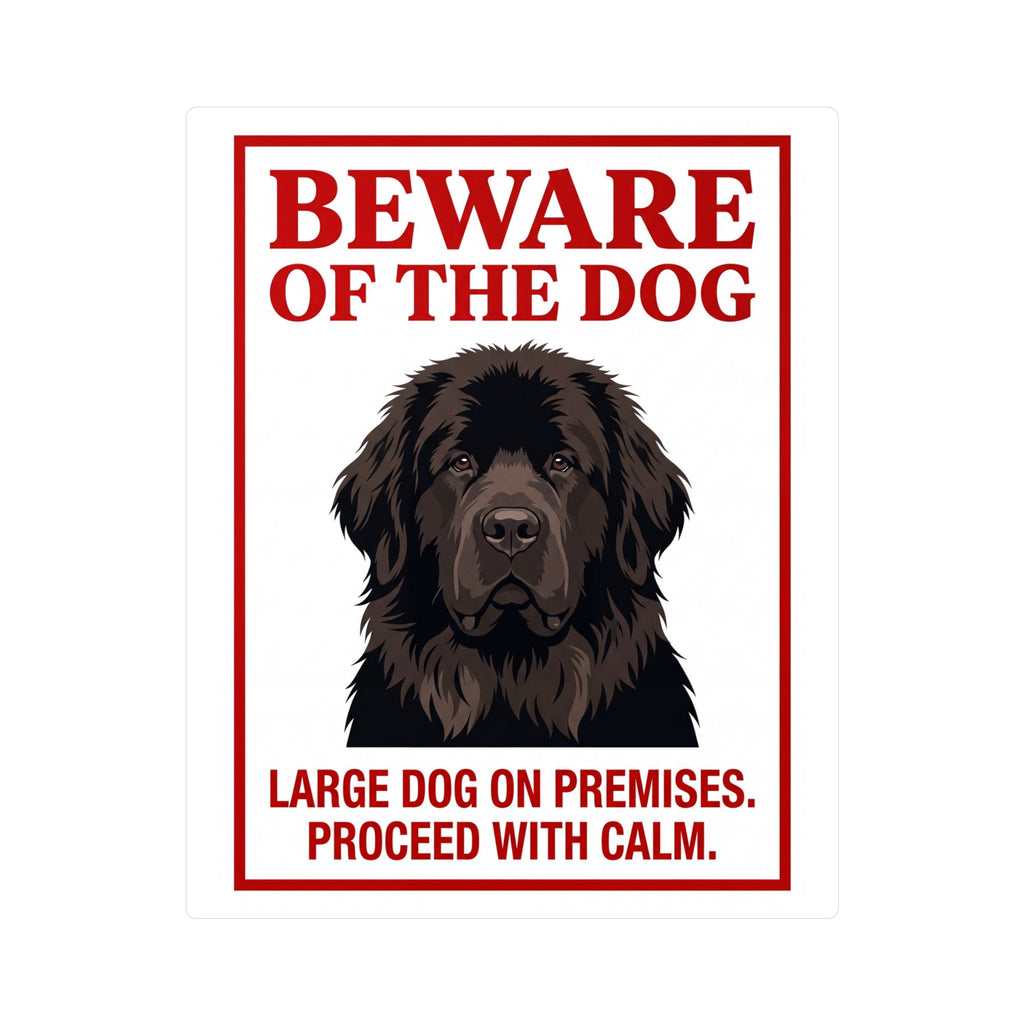 Beware of Newfoundland Sign – Dark Portrait Red Border Outdoor Vinyl Decal – side view