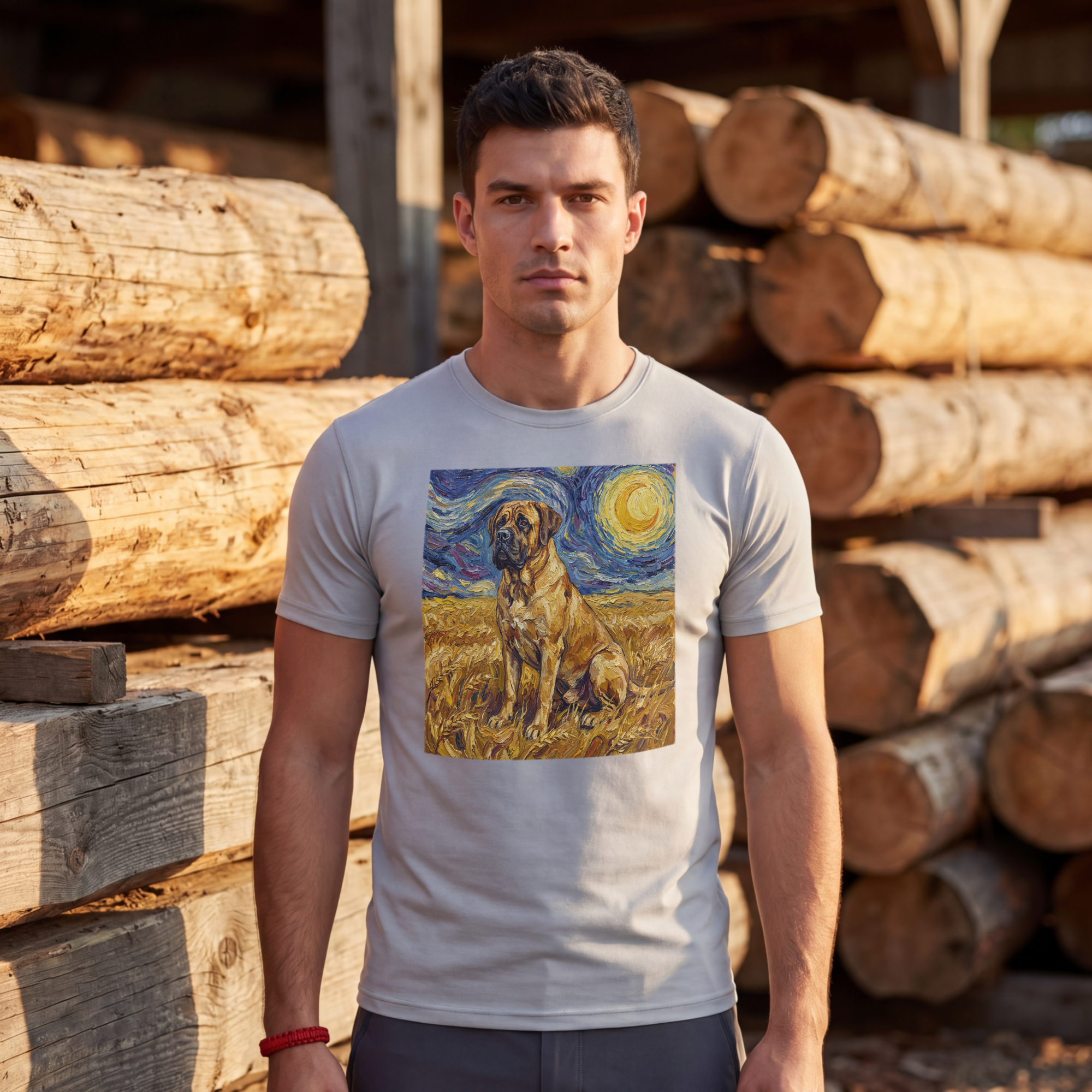 Van Gogh Style Mastiff T-Shirt — Starry Night Wheat Field Art Print