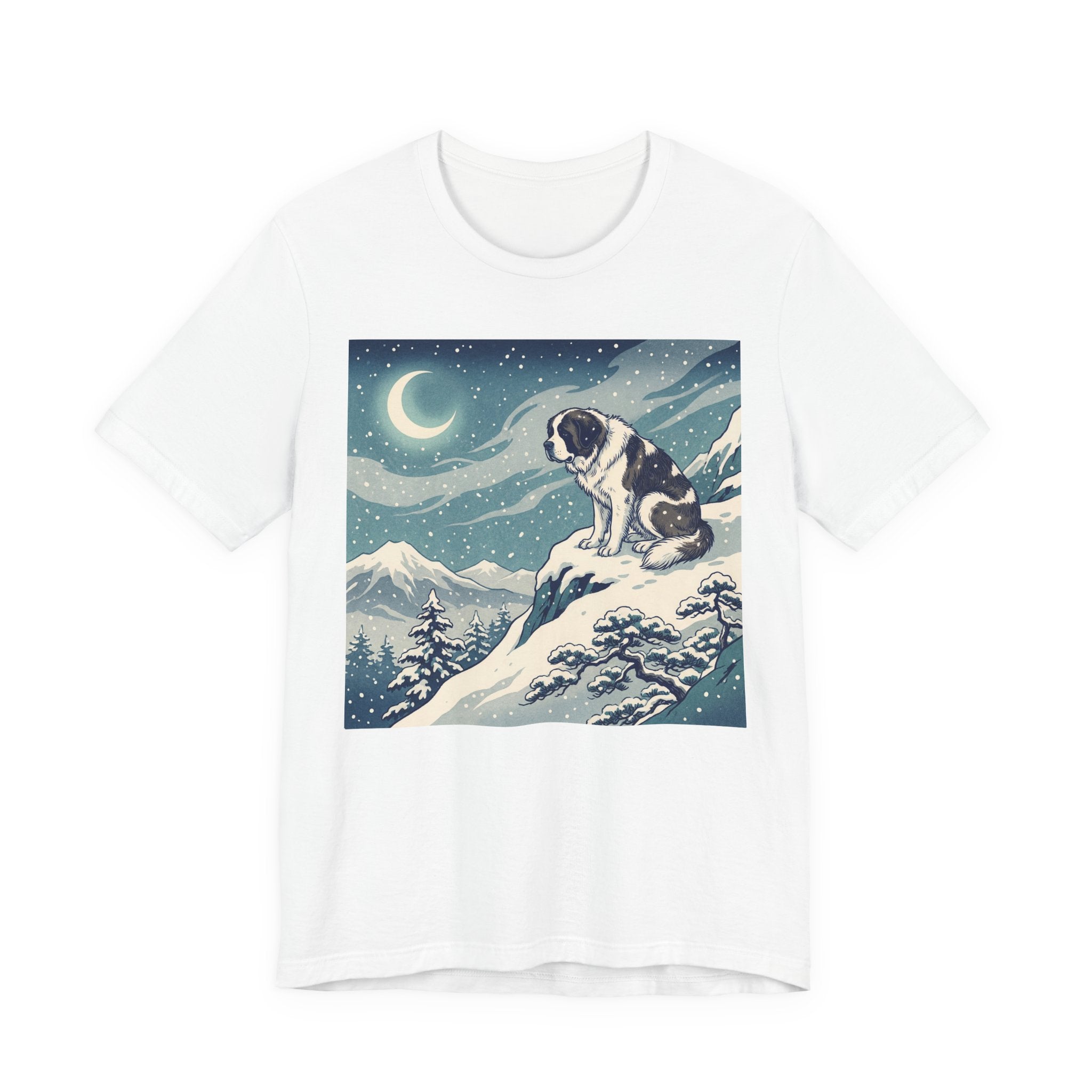 Hiroshige Style Saint Bernard T-Shirt — Snowy Moonlit Summit Art Print
