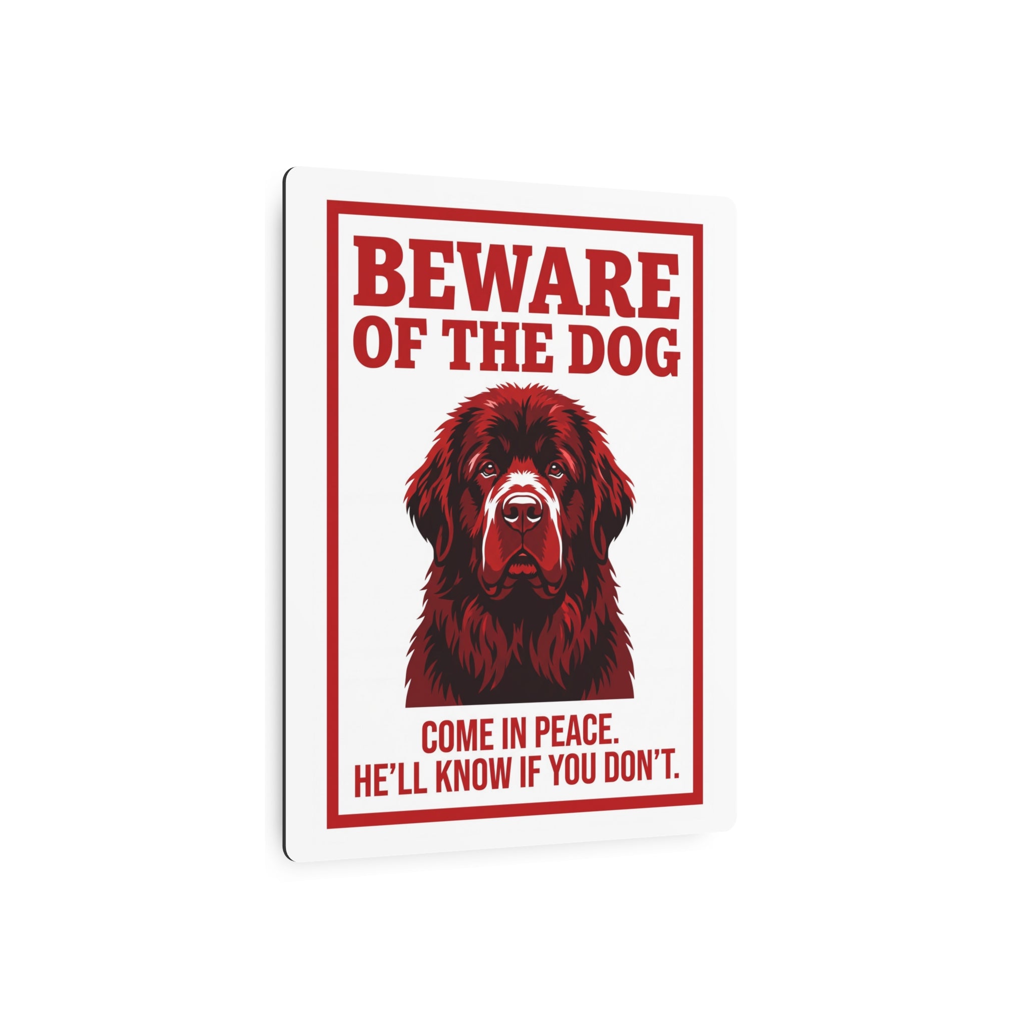Beware of Newfoundland Metal Sign – Red Portrait Aluminum Wall Sign – lifestyle view
