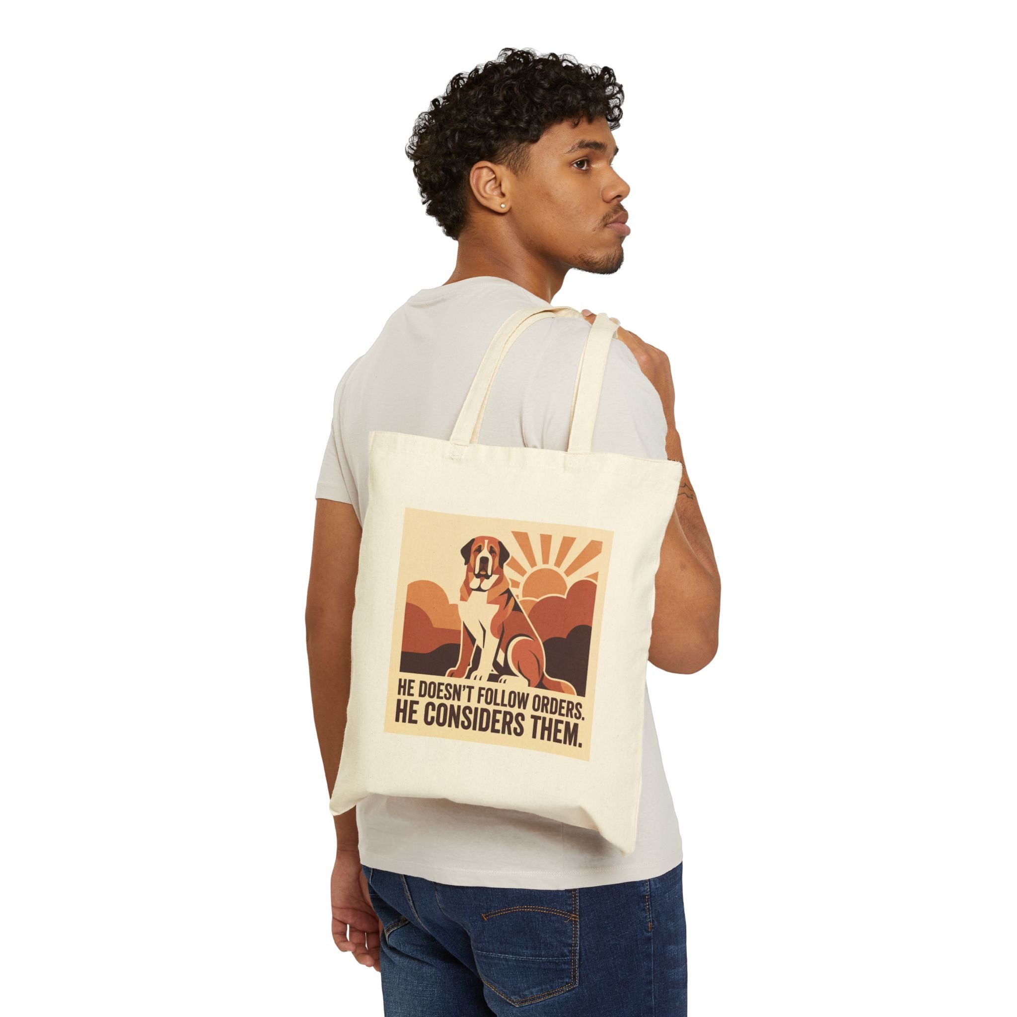 Saint Bernard Tote Bag – He Doesn't Follow Orders Vintage Print – lifestyle view