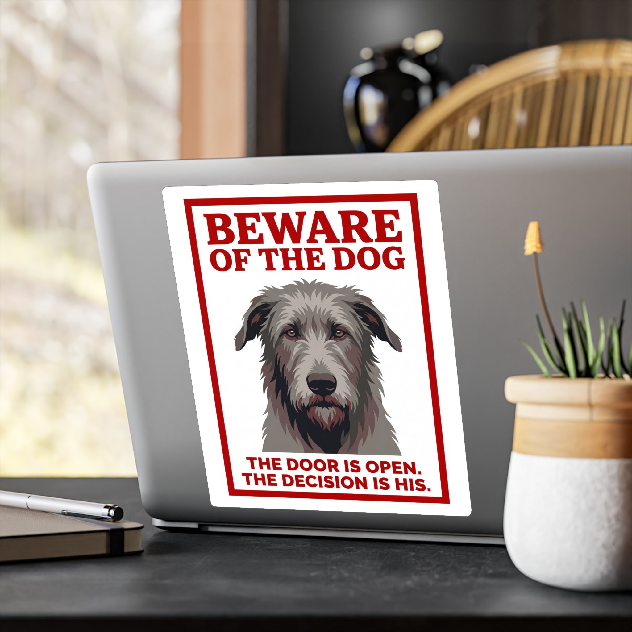 Beware of Irish Wolfhound Sign – Red Block Letter Outdoor Vinyl Decal – alternate view