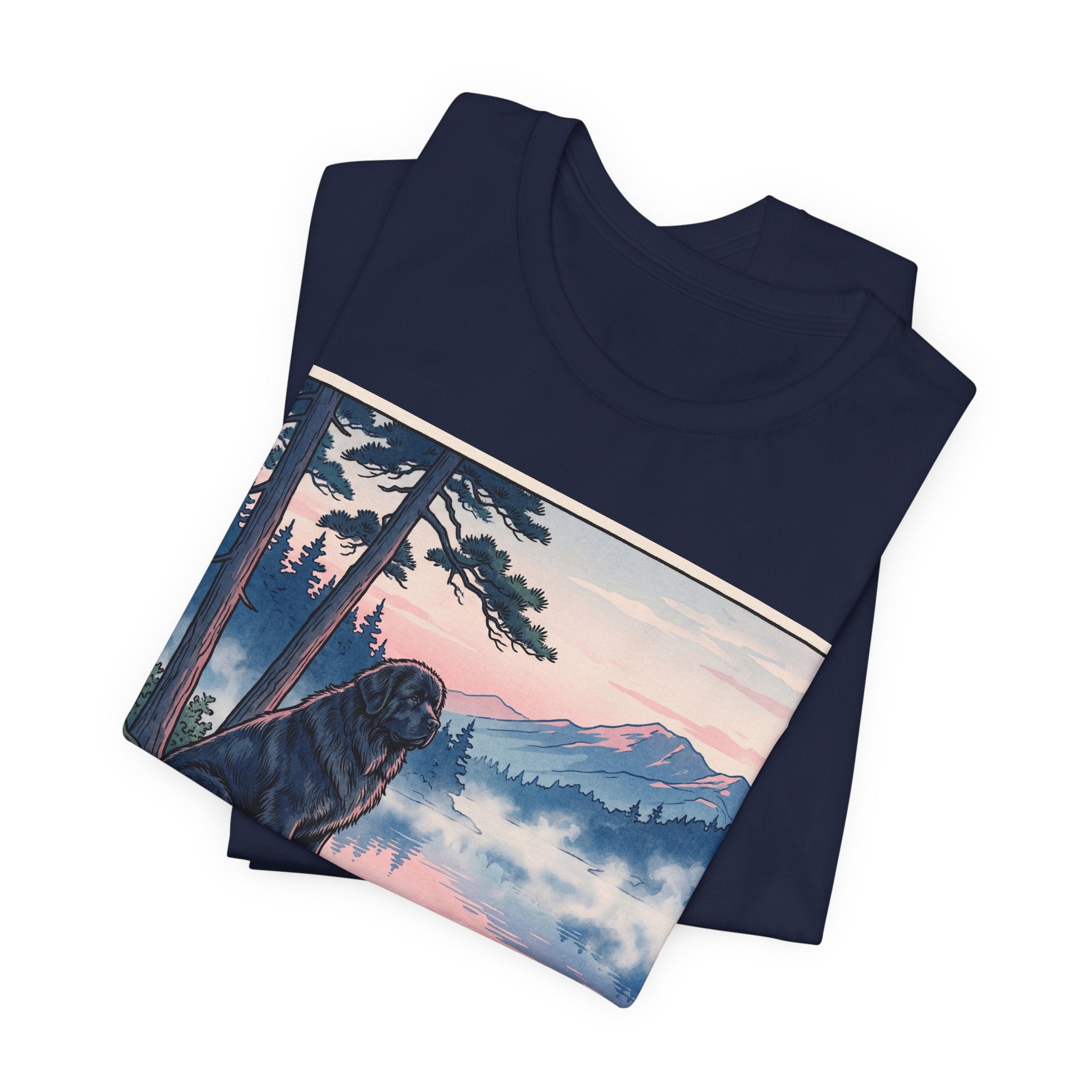 Hiroshige Style Newfoundland T-Shirt — Misty Lake Dawn Art Print