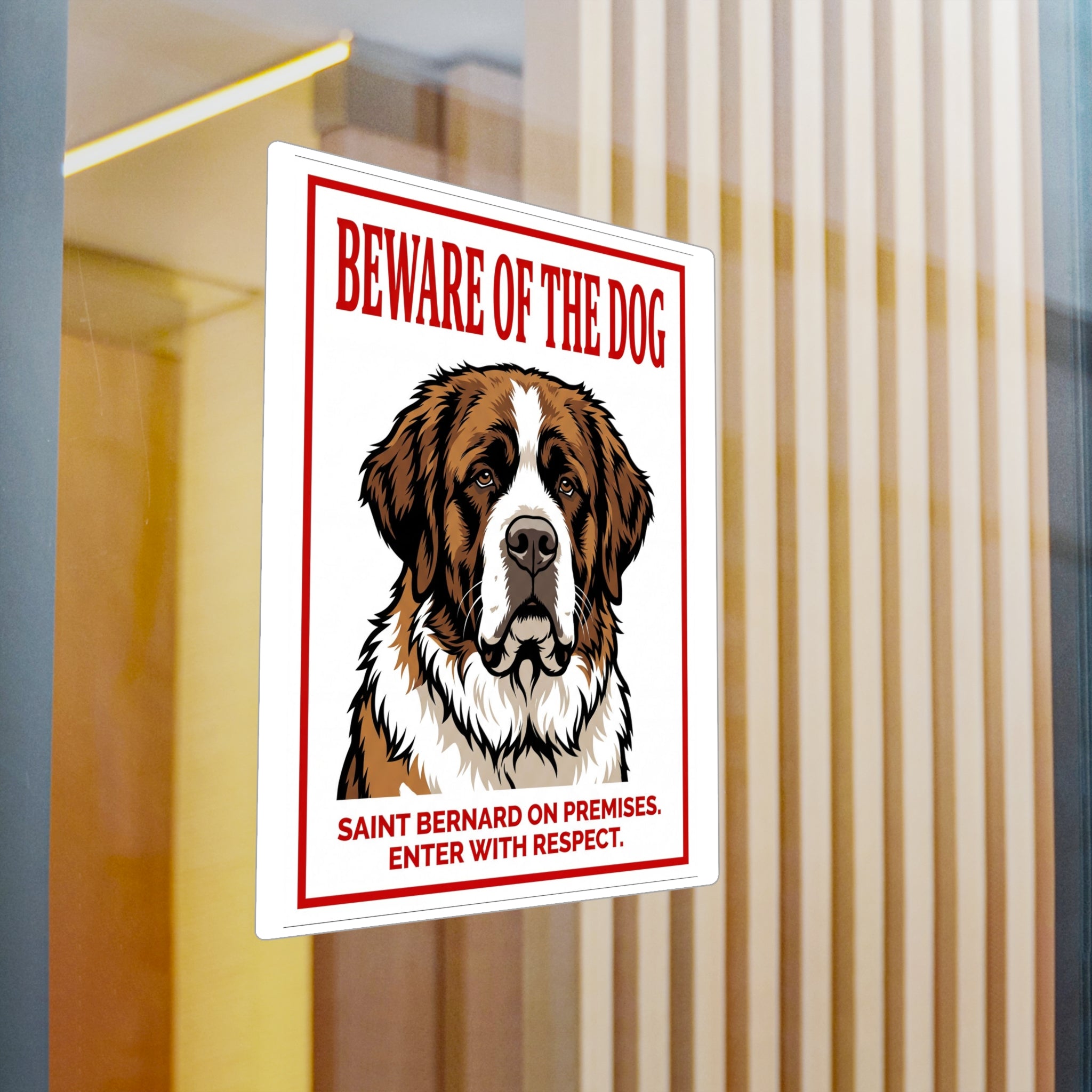Beware of Saint Bernard Sign – Red Block Letter Outdoor Vinyl Decal – detail view