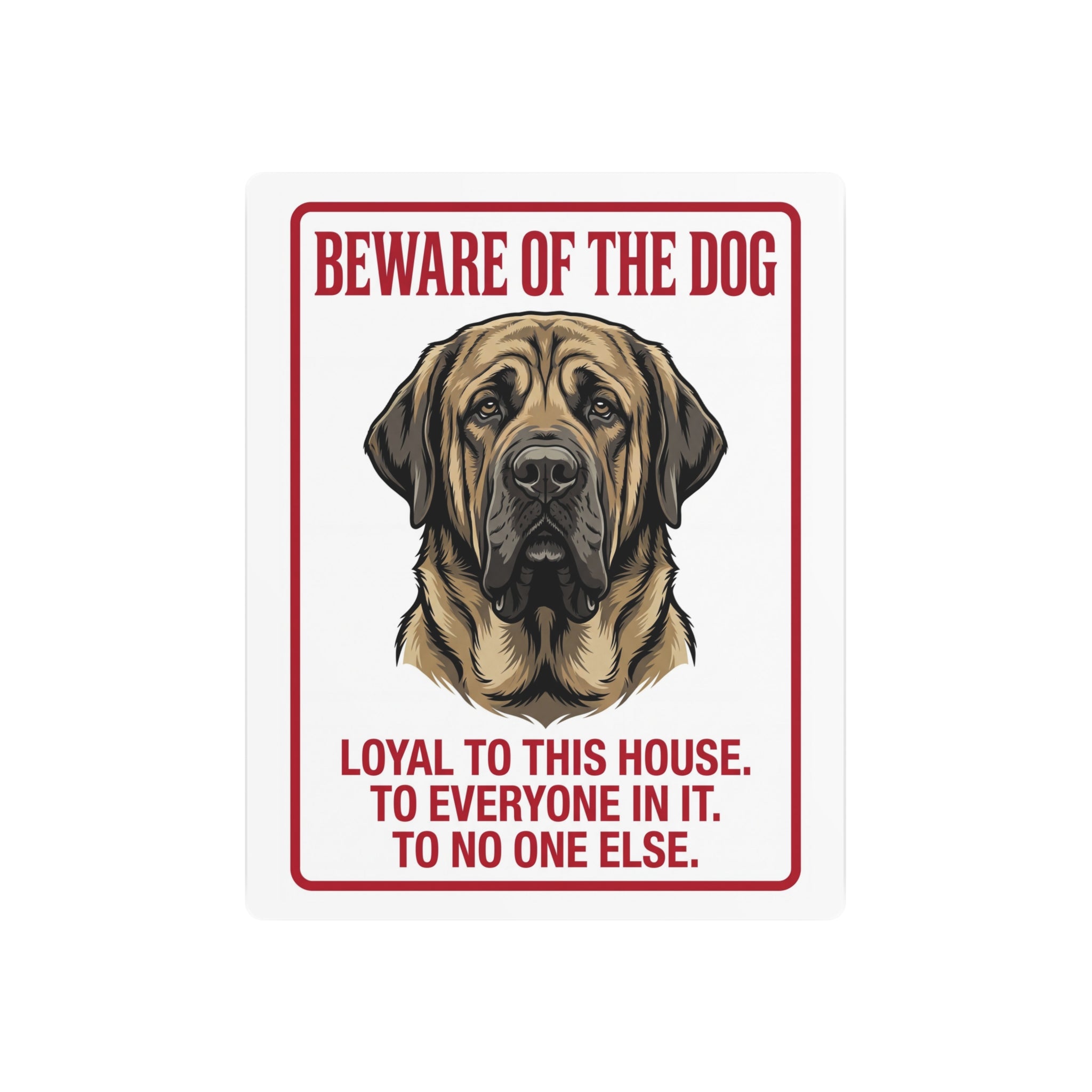 Beware of Mastiff Metal Sign – Fawn Portrait Aluminum Wall Sign – side view