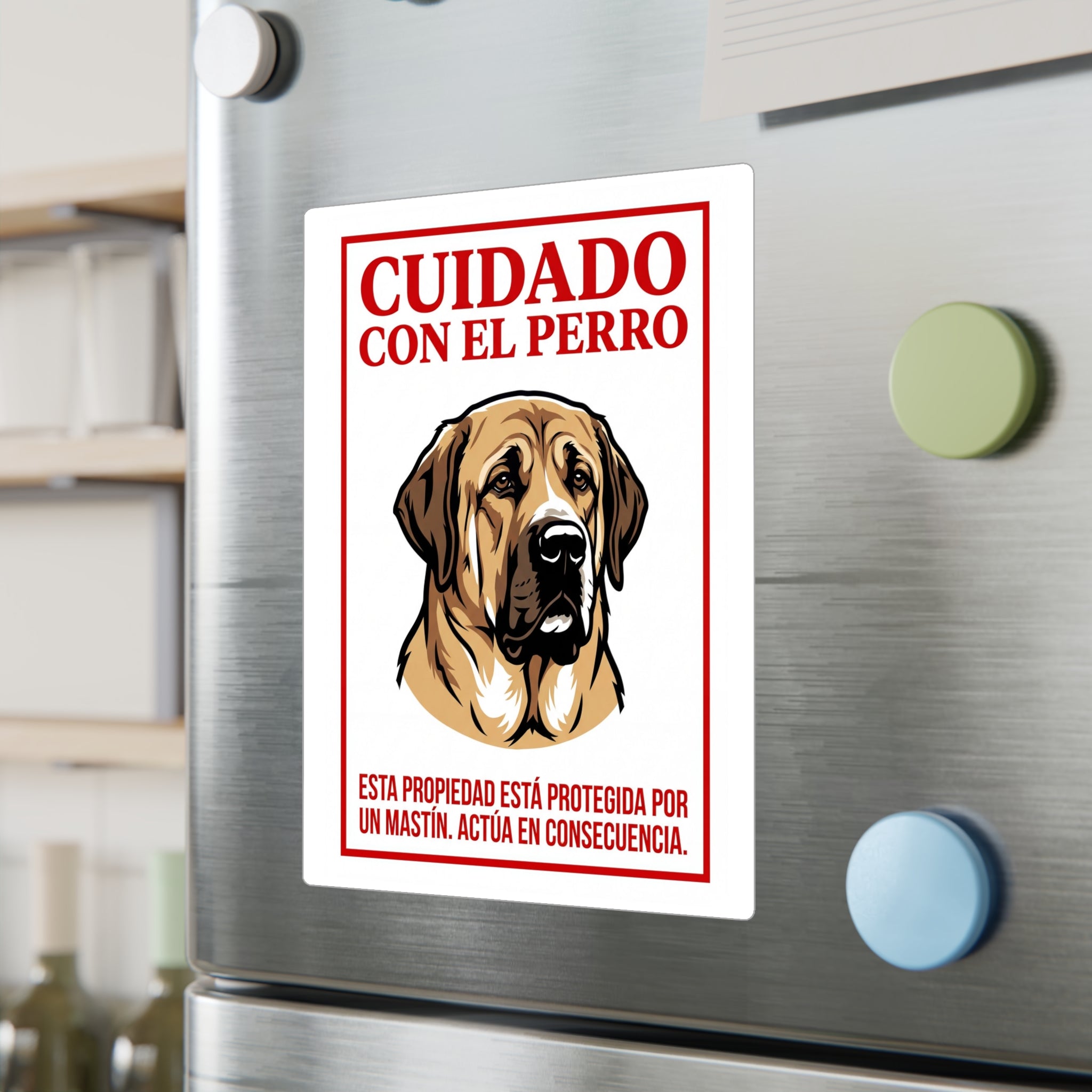 Beware of Spanish Mastiff Sign – Bold Red Warning Outdoor Vinyl Decal – lifestyle view
