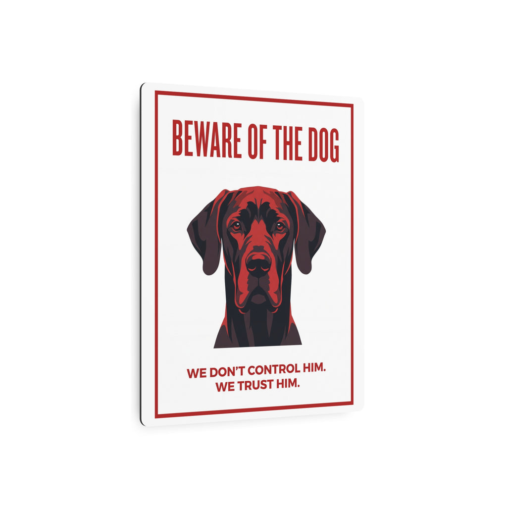 Beware of Great Dane Metal Sign – Red Bold Portrait Aluminum Wall Sign – lifestyle view