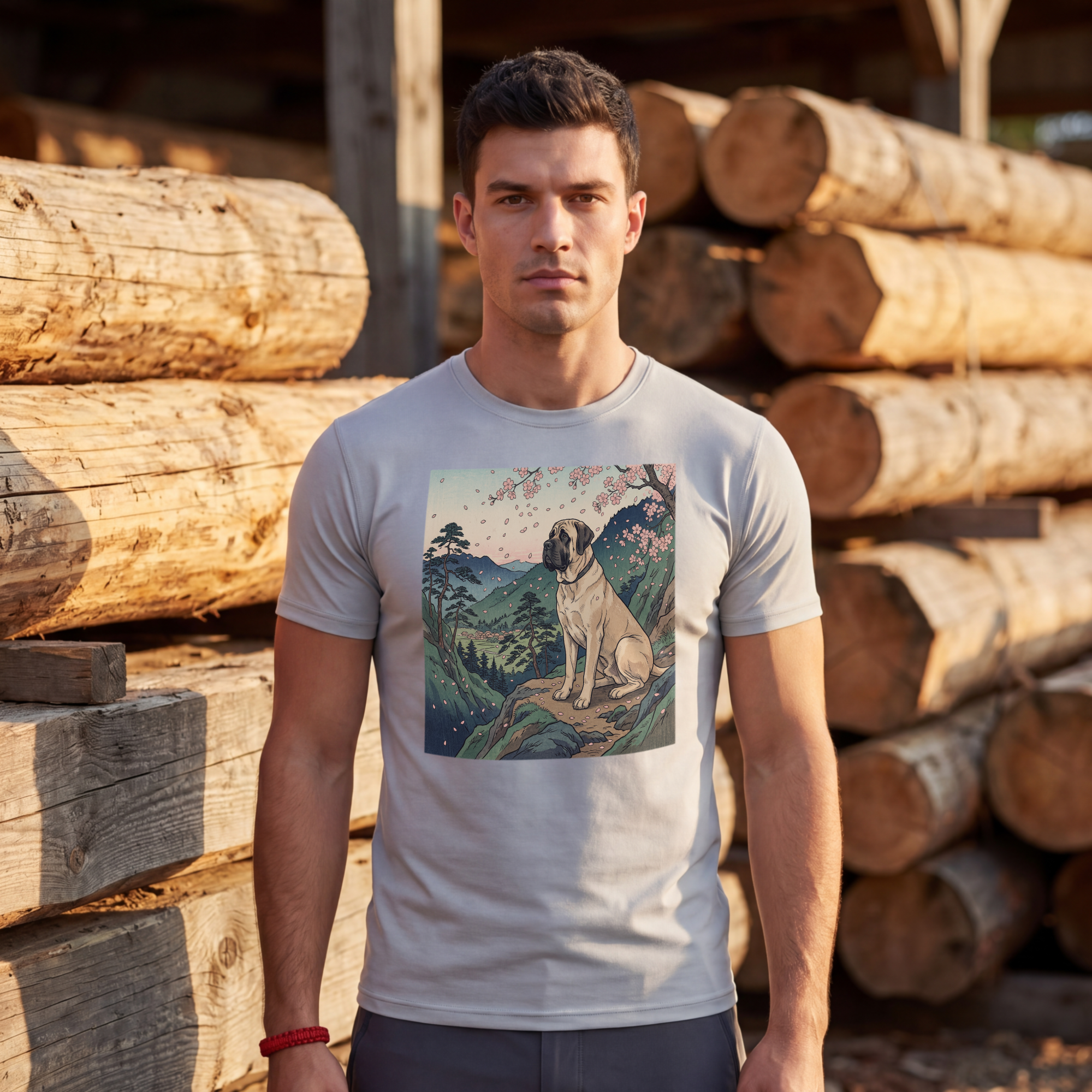 Ukiyo-e Mastiff T-Shirt — Cherry Blossom Overlook Art Print