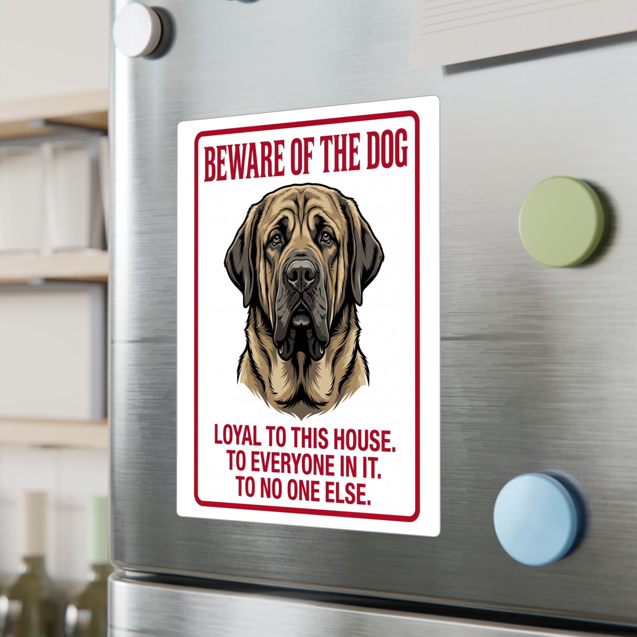 Beware of Mastiff Sign – Bold Red Border Outdoor Vinyl Decal – lifestyle view