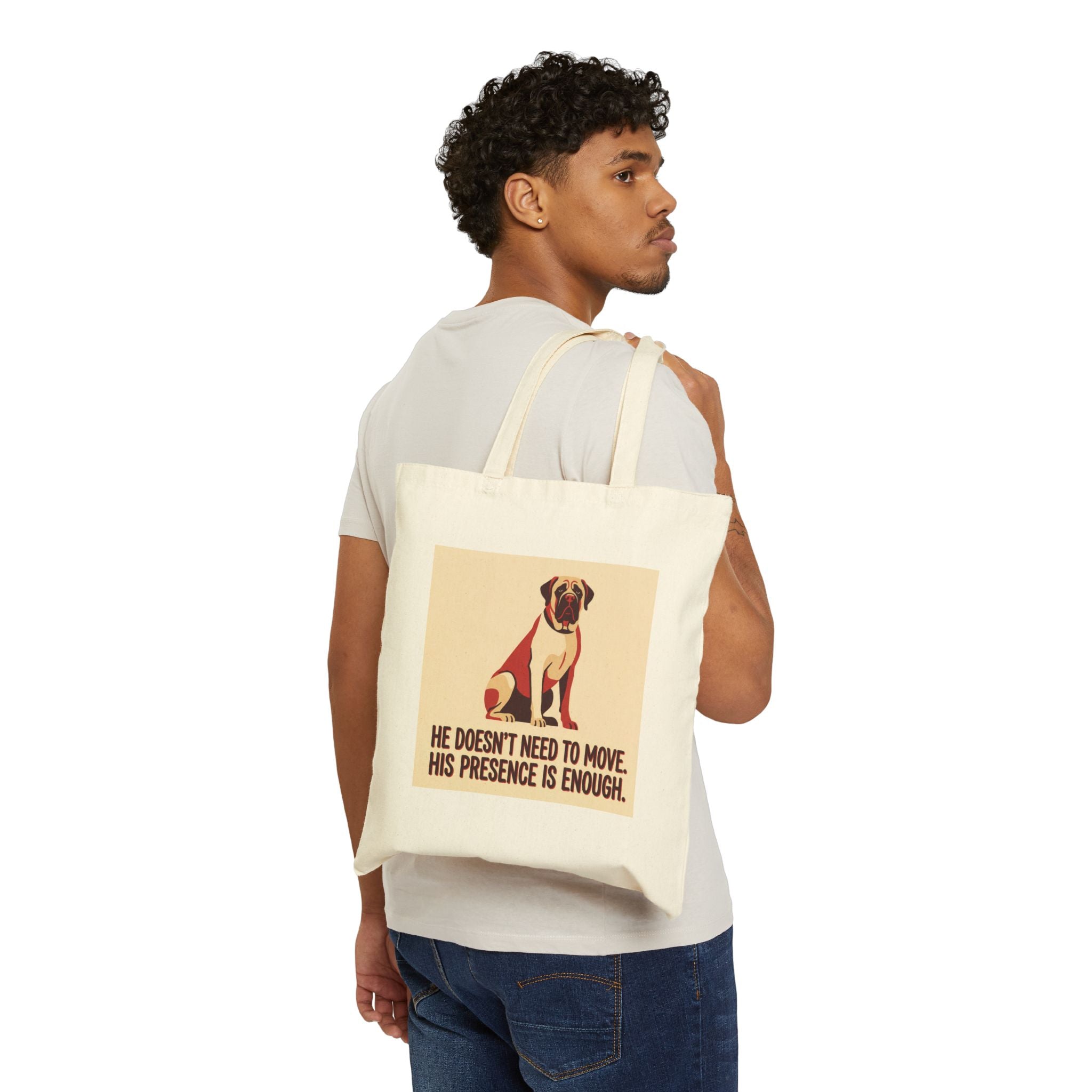 Mastiff Tote Bag – He Doesn't Need To Move Vintage Print – lifestyle view
