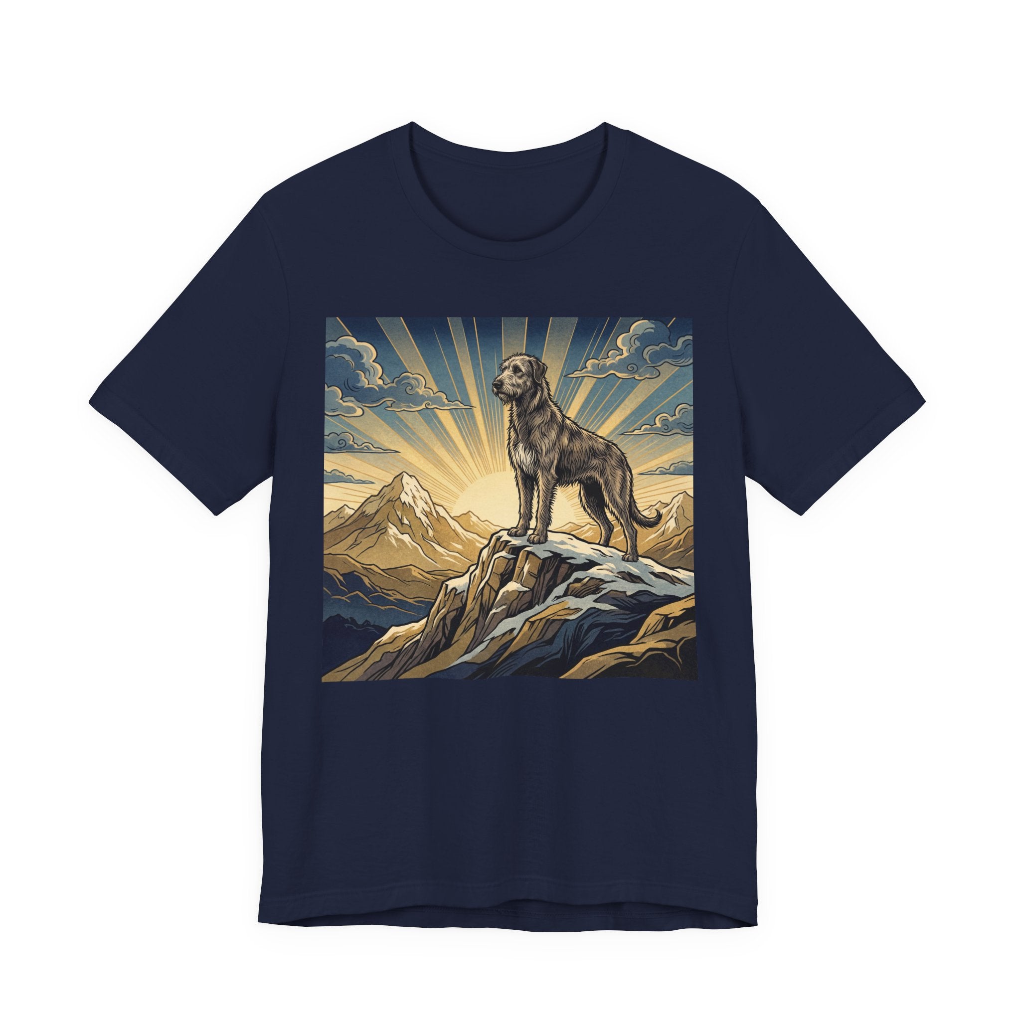 Woodcut Irish Wolfhound T-Shirt — Mountain Sunrise Rays Art Print