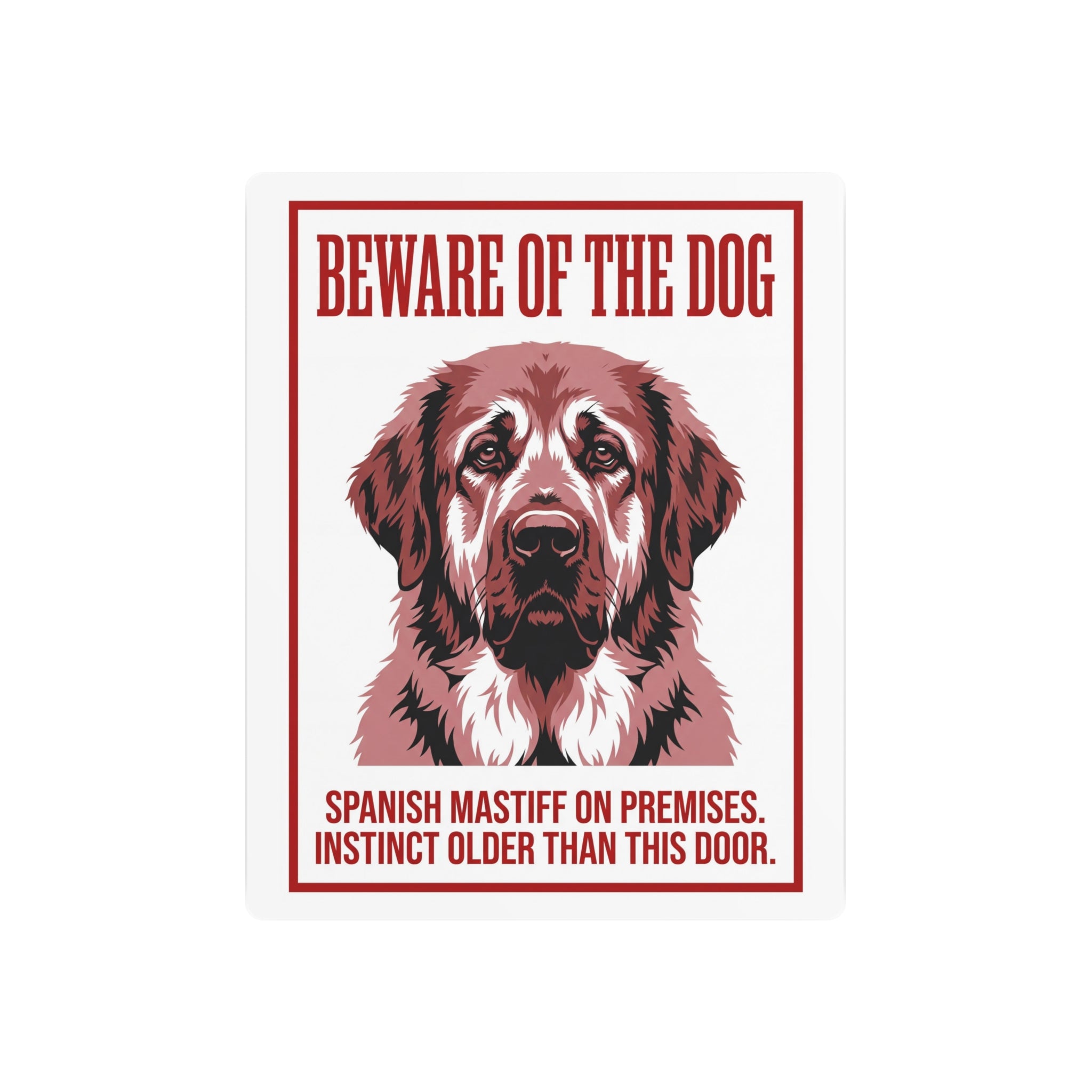 Beware of Spanish Mastiff Metal Sign – Red Portrait Aluminum Wall Sign – side view