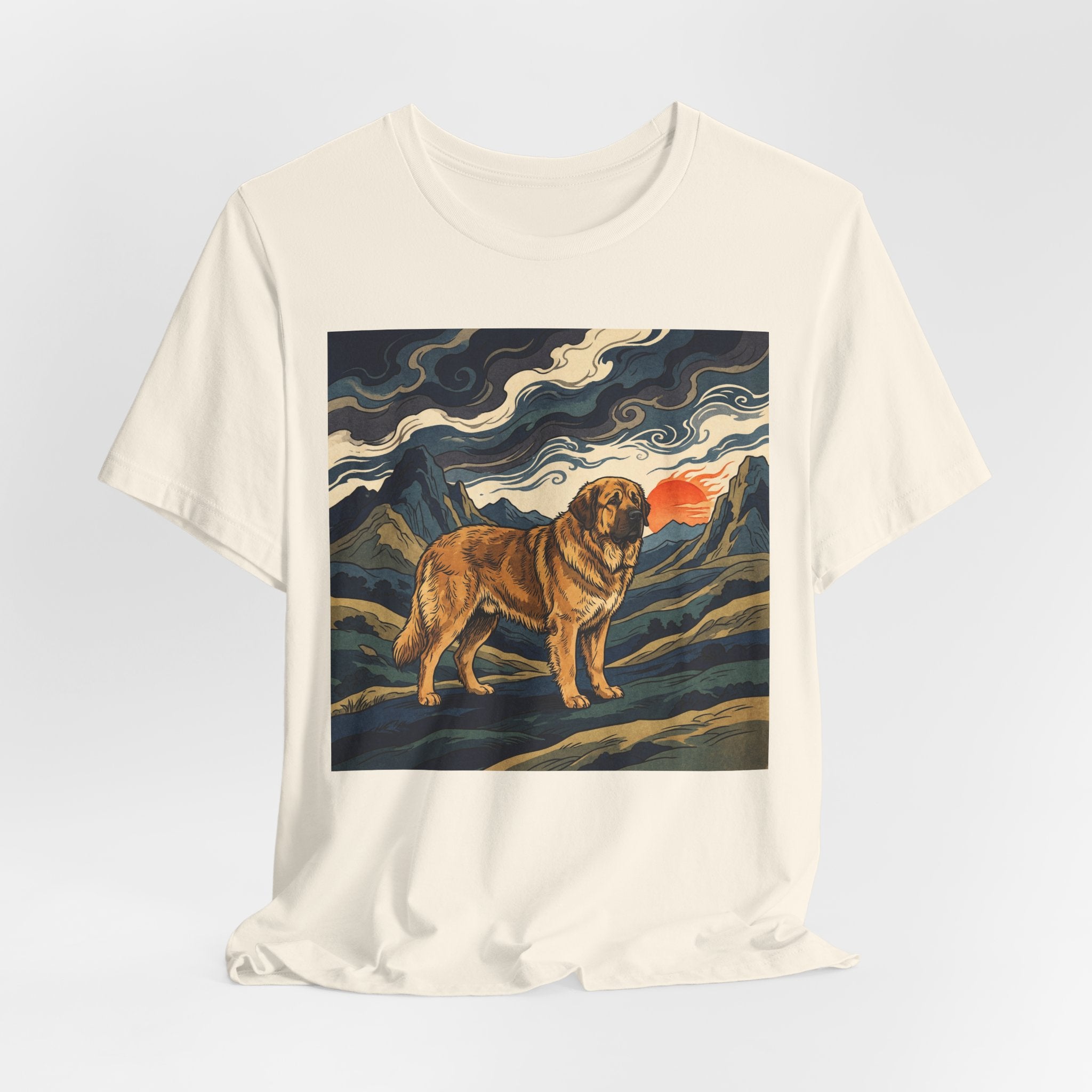 Woodblock Print Spanish Mastiff T-Shirt — Mountain Sunset Swirls Art Print