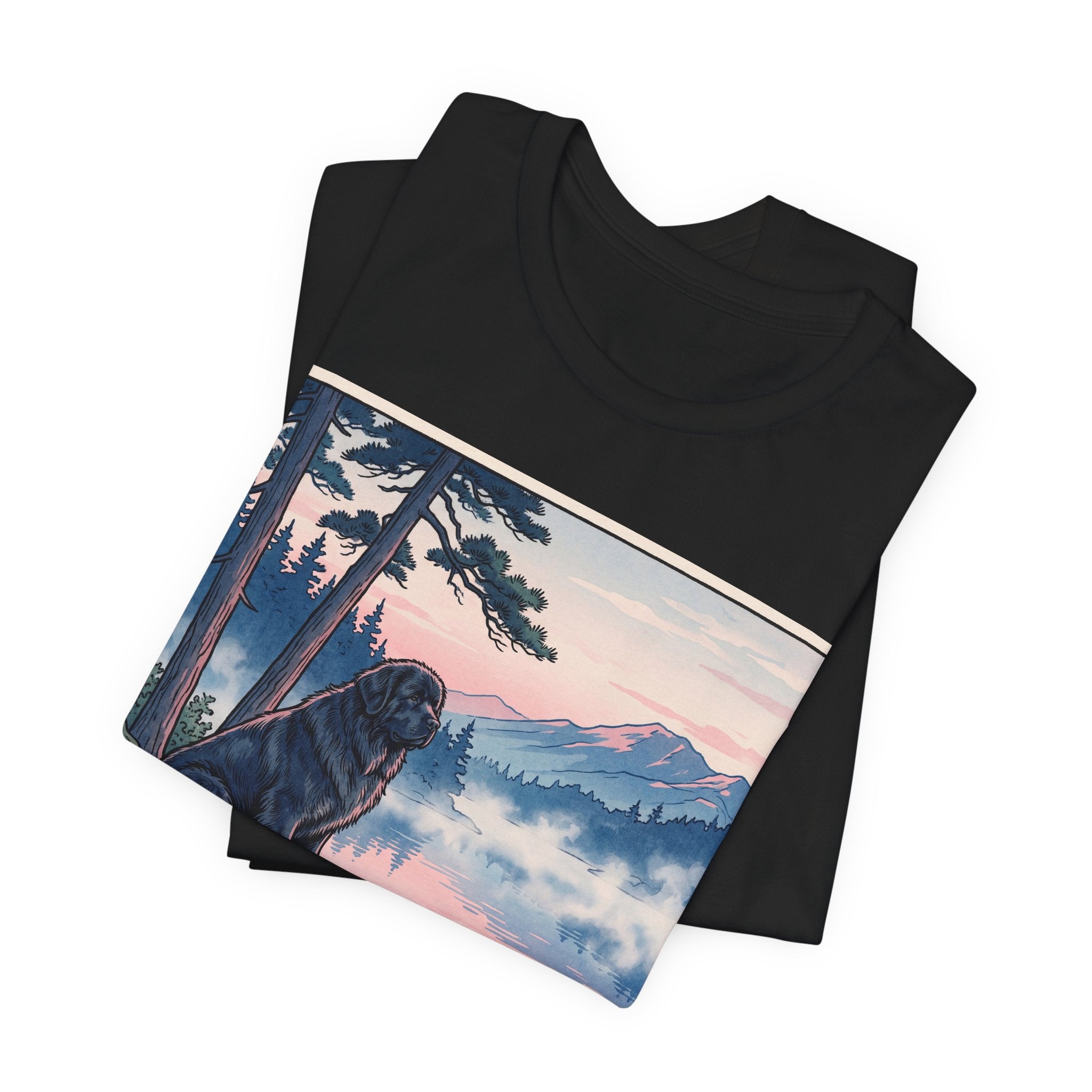 Hiroshige Style Newfoundland T-Shirt — Misty Lake Dawn Art Print